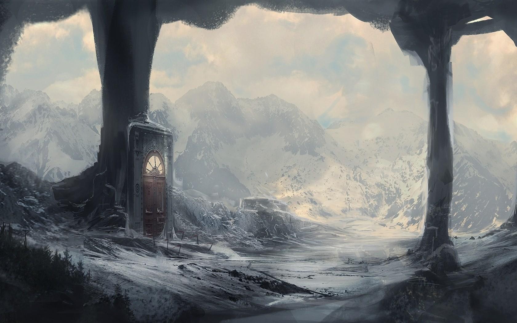 landscapes, winter, snow, dark, door, rocks, fantasy art