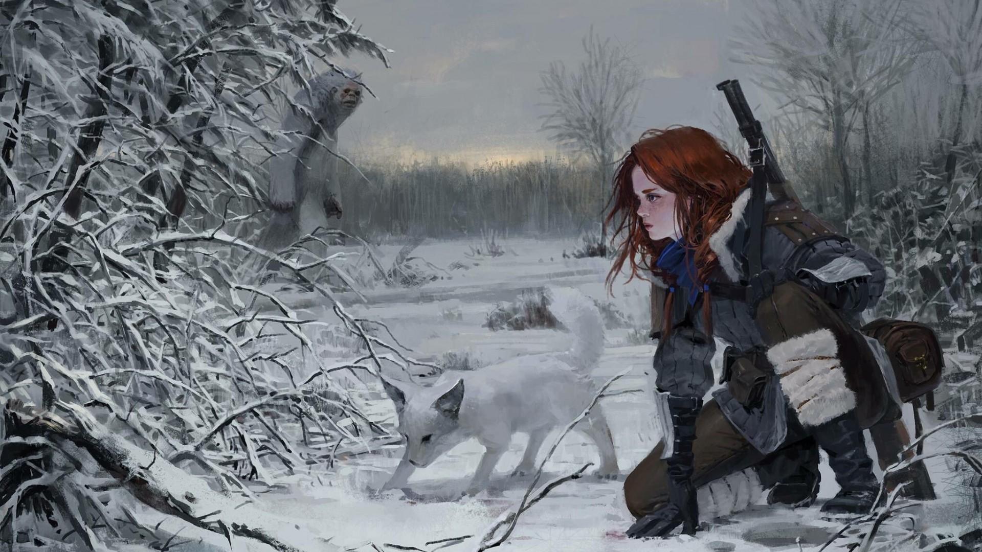 Download 1920x1080 Fantasy Woman, Yeti, Snow, Hunt, Winter