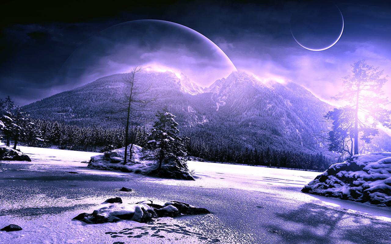Desktop Wallpaper Planets Winter Nature Fantasy mountain Snow