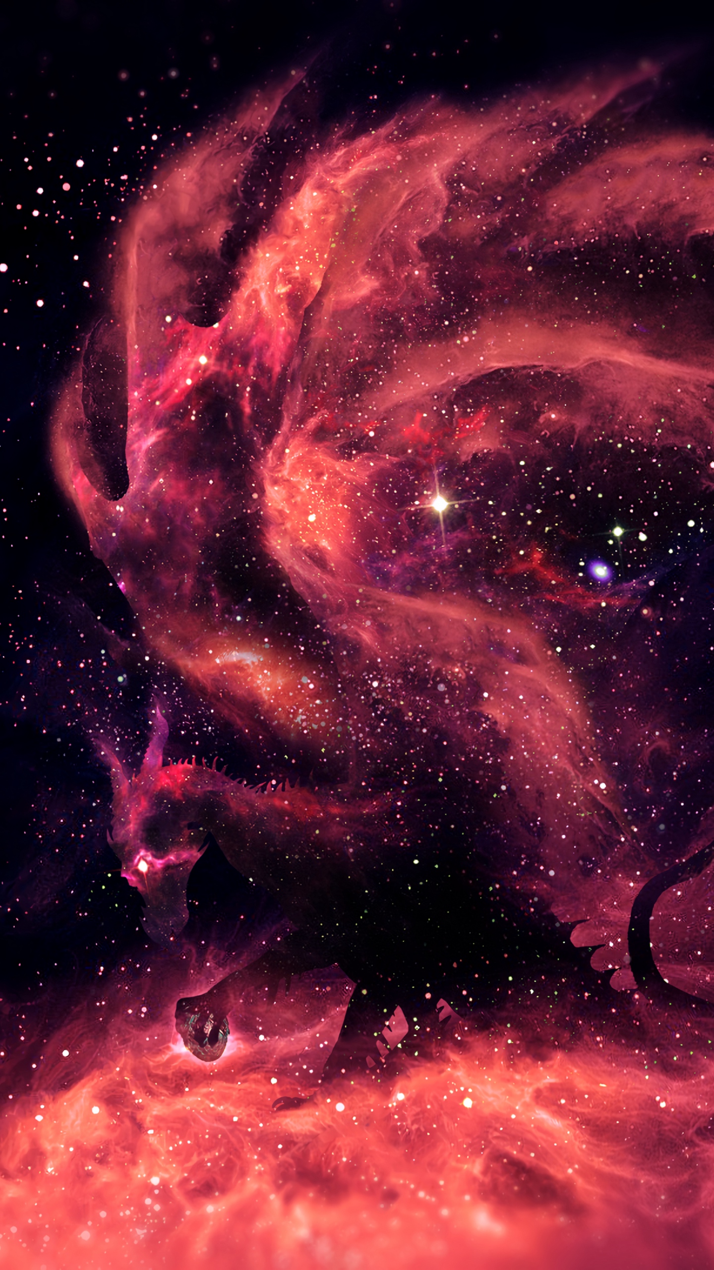 Download wallpaper 1440x2560 dragon, starry sky, silhouette
