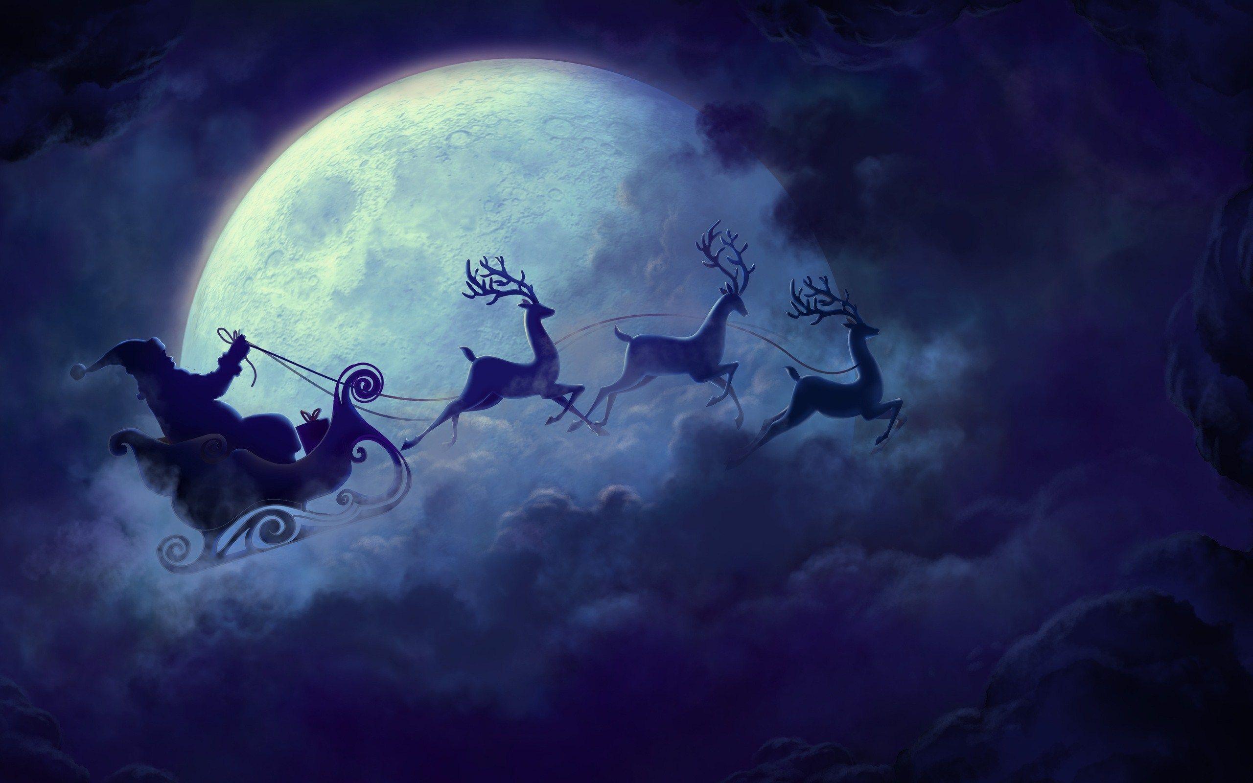 Christmas Santa Claus Sleigh Flying Reindeer Moon HD