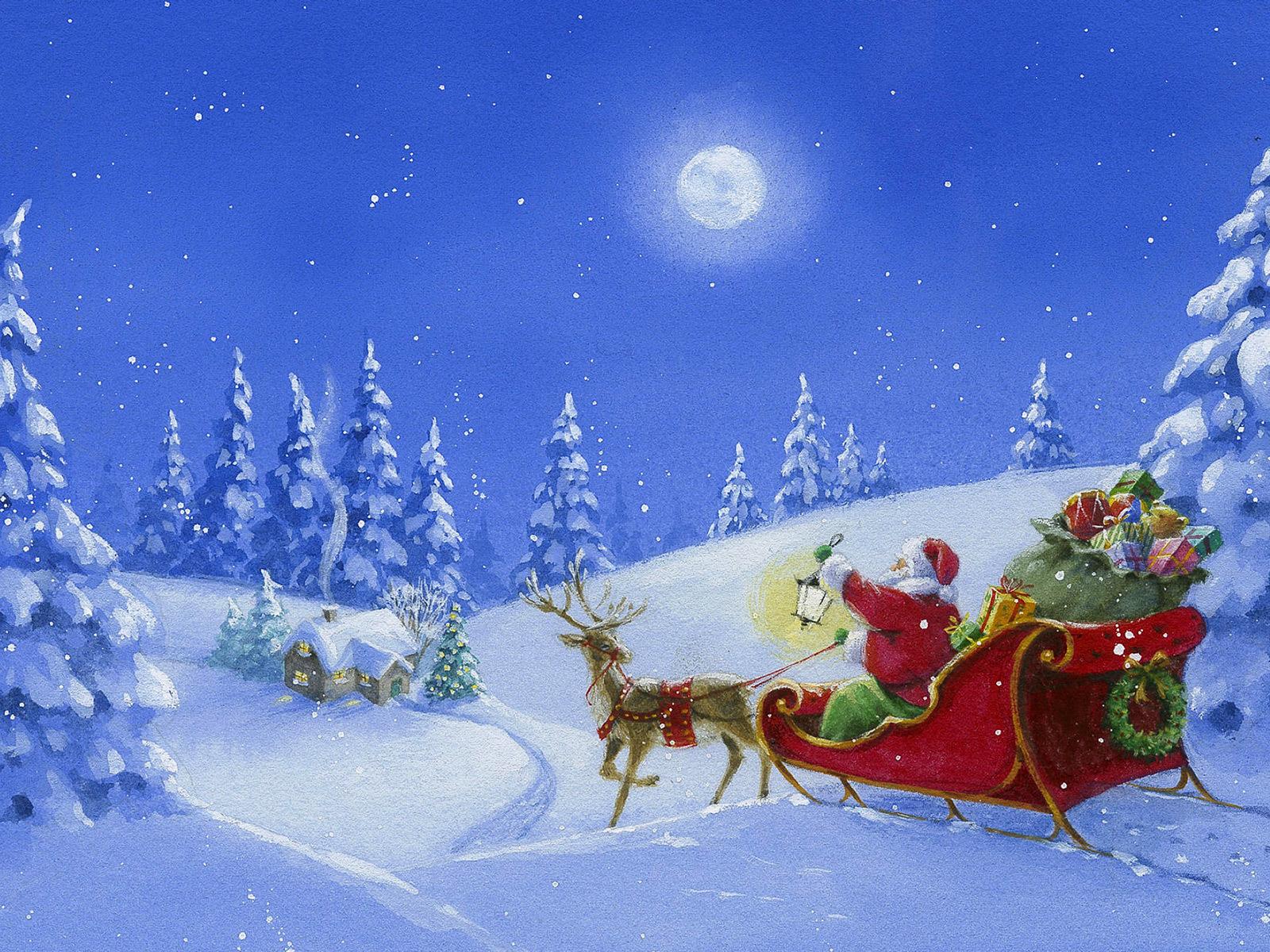 Christmas Wallpaper: Santa Sleigh And Reindeer Wallpaper
