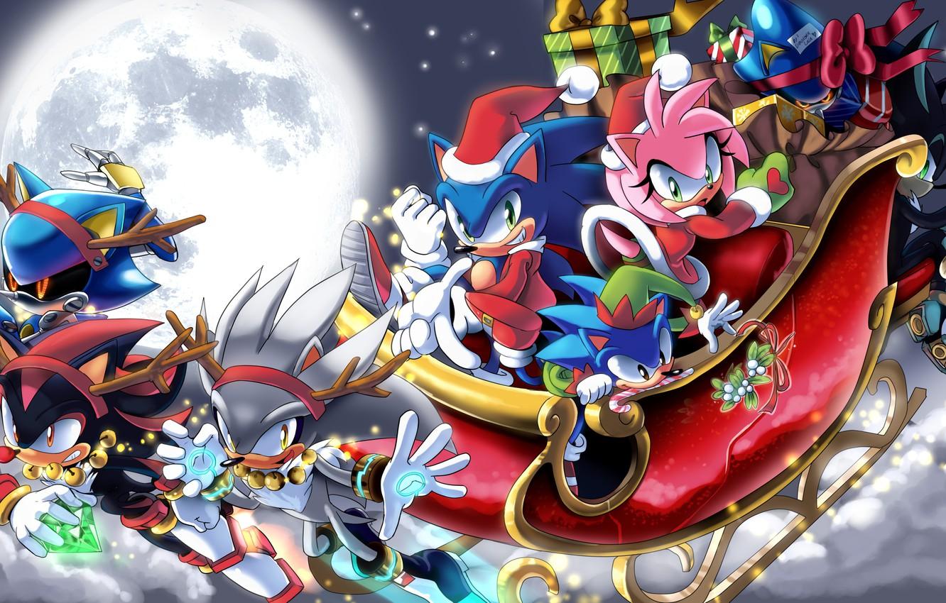 Wallpaper night, holiday, the moon, new year, Christmas, gifts, Sonic, Silver, Amy Rose, Sonic the Hedgehog, Hedgehog, Silver the Hedgehog, Sonic Boom, Metal Sonic image for desktop, section игры