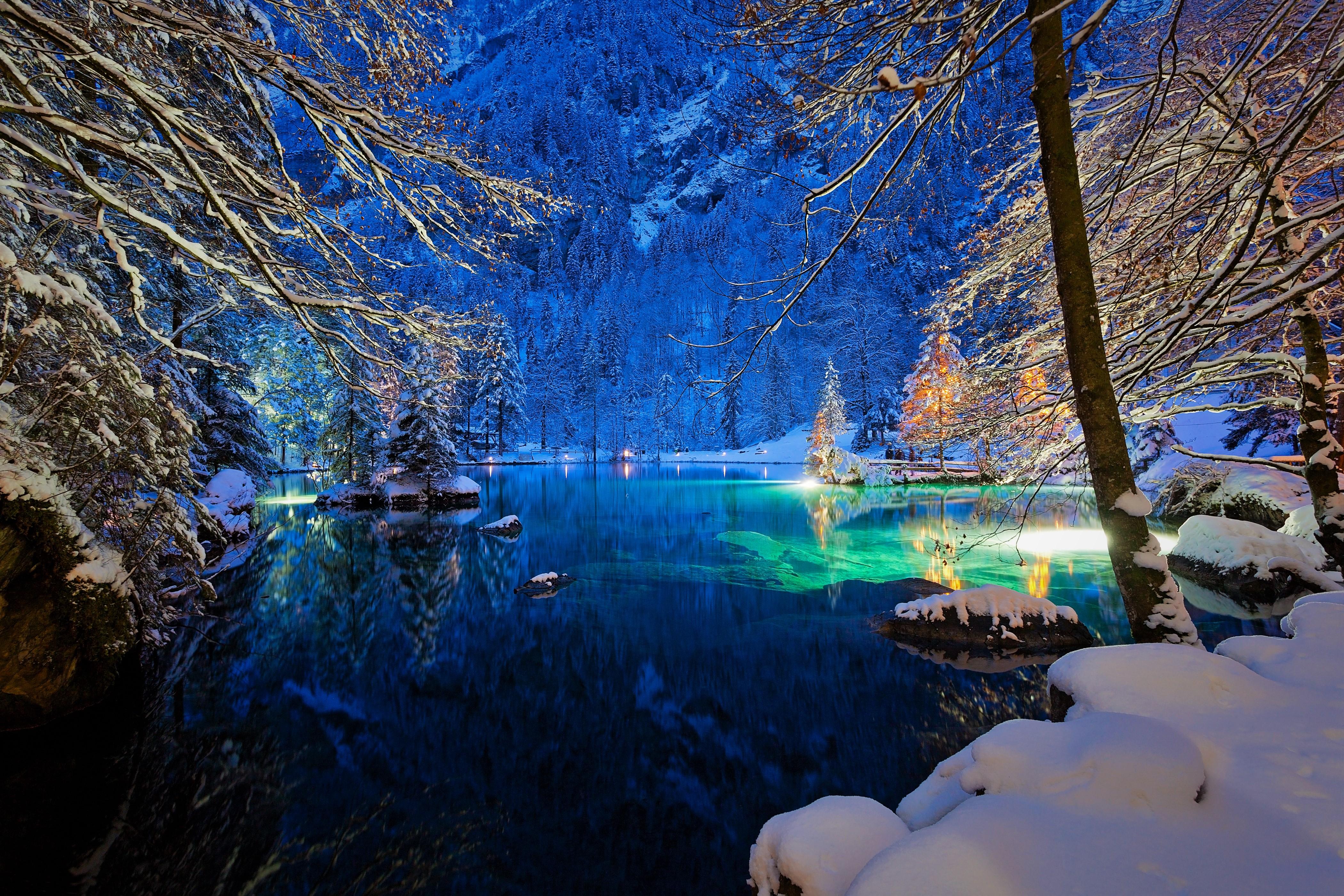 Snowy Trees on Lake in Switzerland 4k Ultra HD Wallpaper