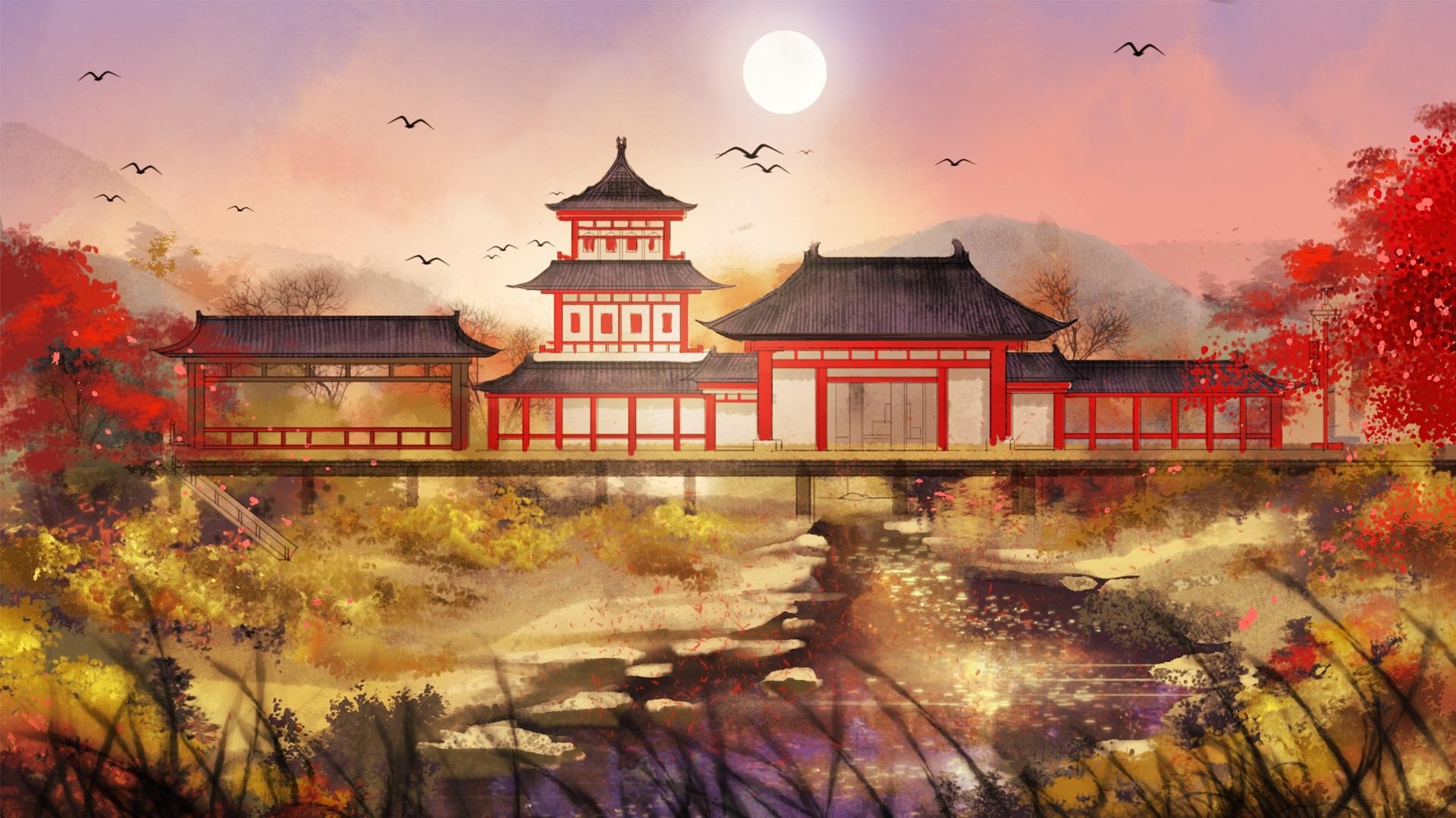 Wallpaper Chinese retro style park, art drawing 1920x1080