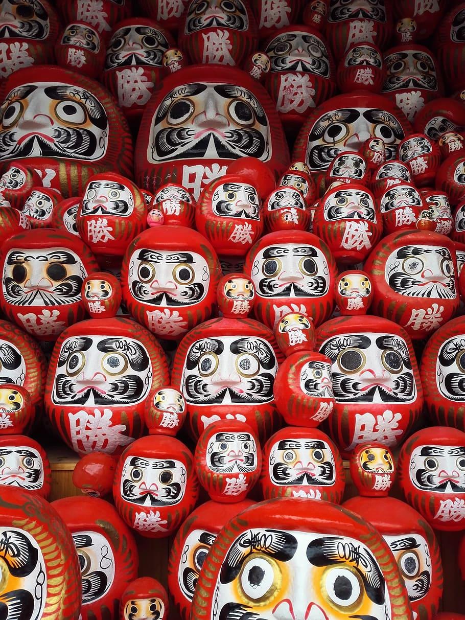 HD wallpaper: dharma, tumbling doll, daruma doll, japan, red, large group of objects