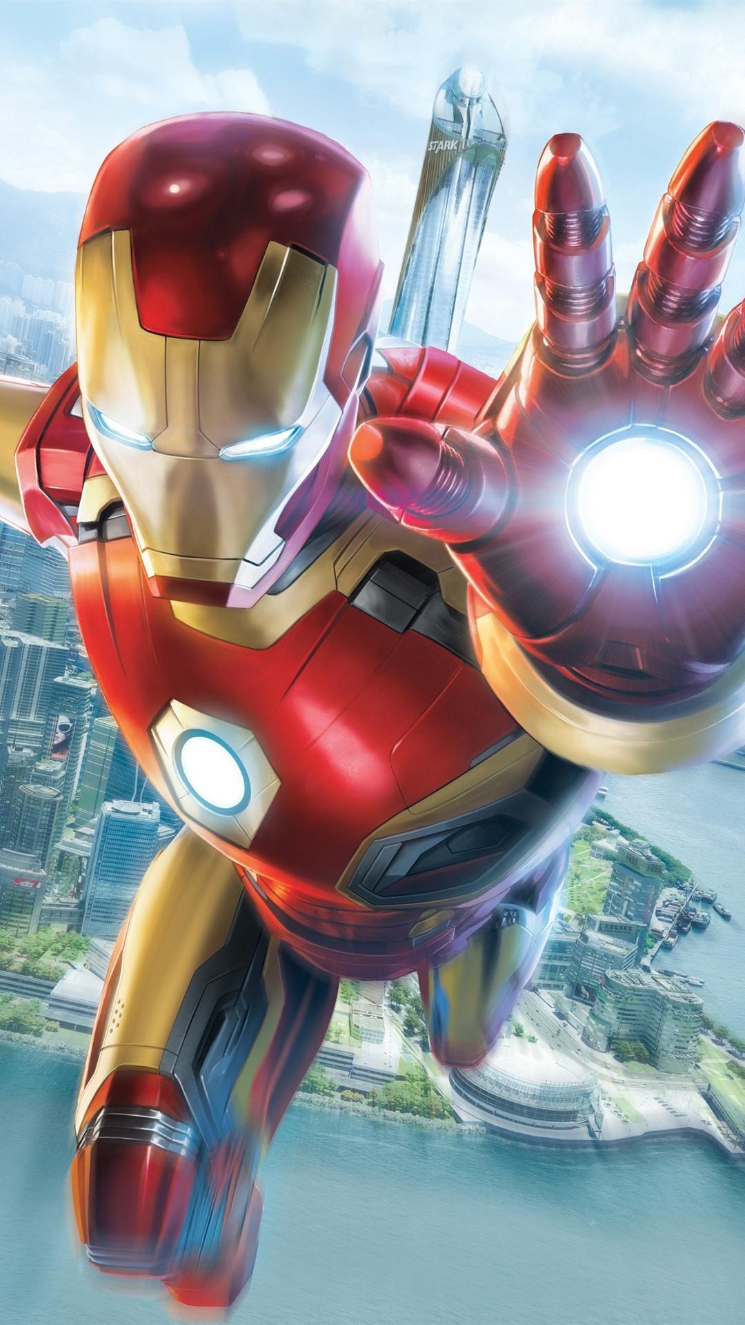 Iron Man, Flight, Hand, City, Sky 1080x1920 IPhone 8 7 6 6S