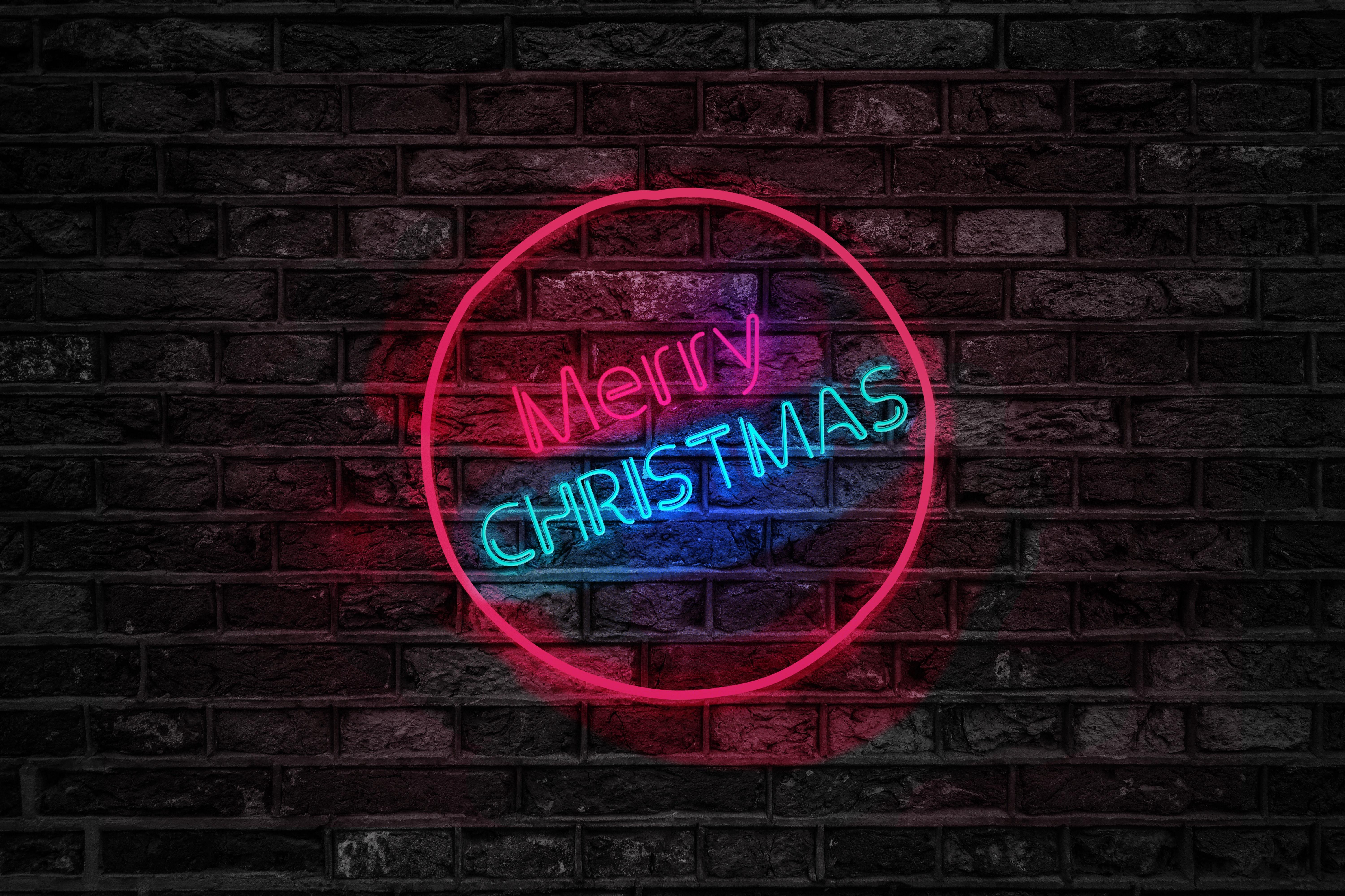 Turned on Red and Blue Merry Christmas Neon Sign · Free