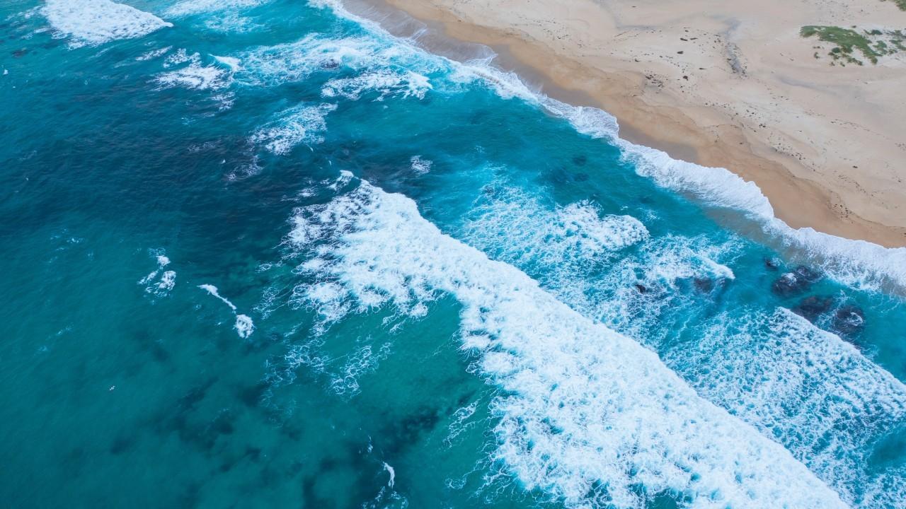 Download 1280x720 Ocean, Waves, Foam, Beach, Sand, Aerial View Wallpaper