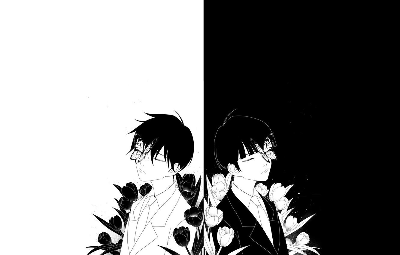 Wallpaper flowers, minimalism, guys, brothers, black and white