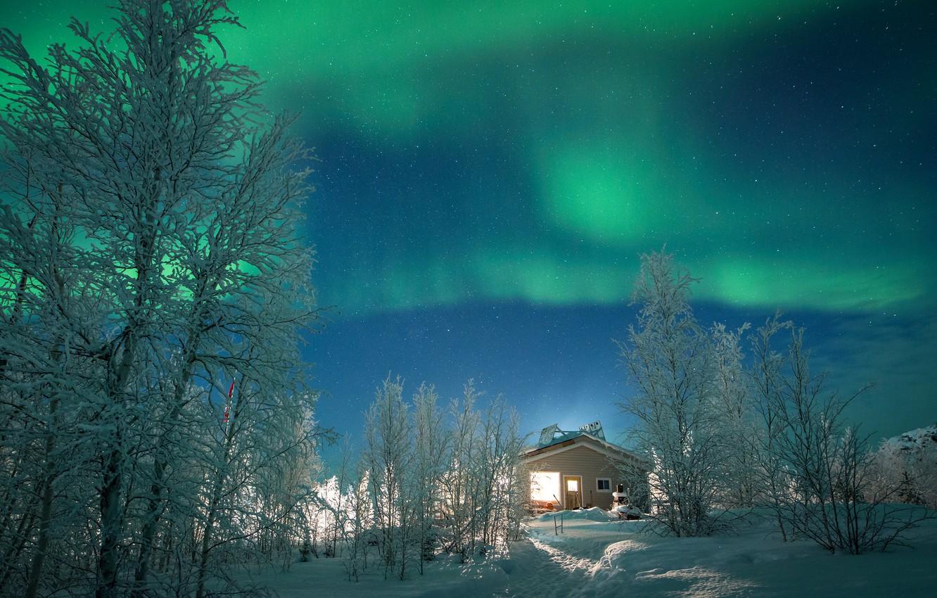 Wallpaper lights, house, Canada, night, winter, snow, northern lights, Northwest Territories, aurora borealis image for desktop, section пейзажи