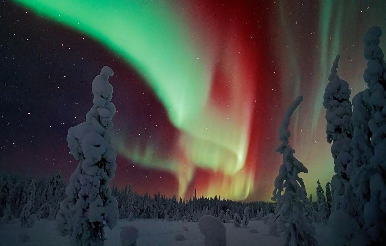 Wallpaper winter, snow, night, Northern lights, Finland