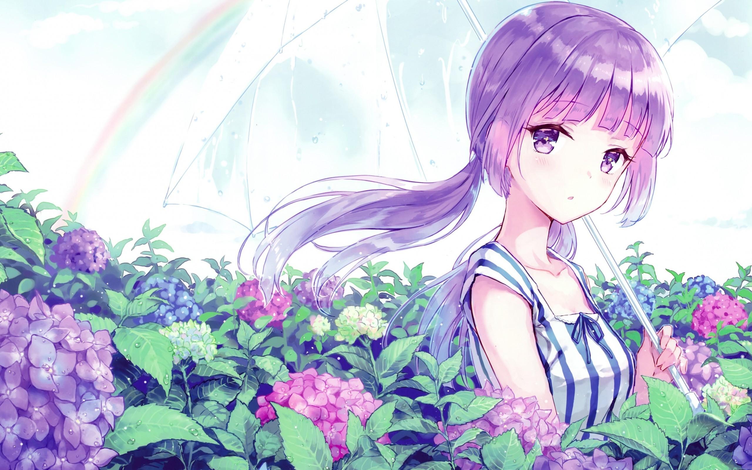 Download 2560x1600 Anime Girl, Purple Hair, Flowers