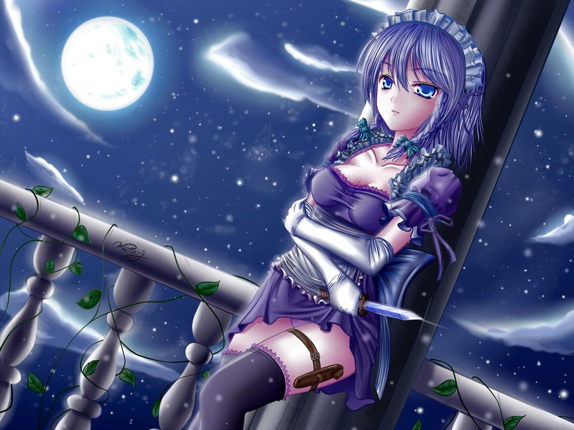 Wallpaper Moonlight Anime Girl, Holding A Knife, Blue Purple