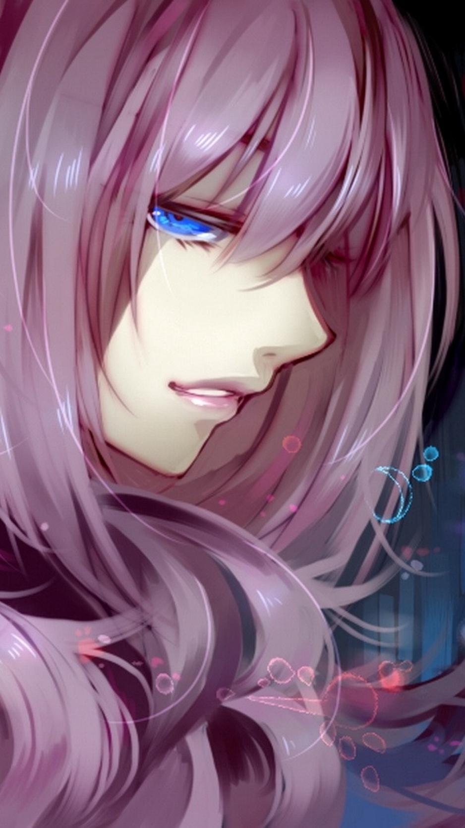 Download wallpaper 938x1668 anime, girl, purple, hair, look