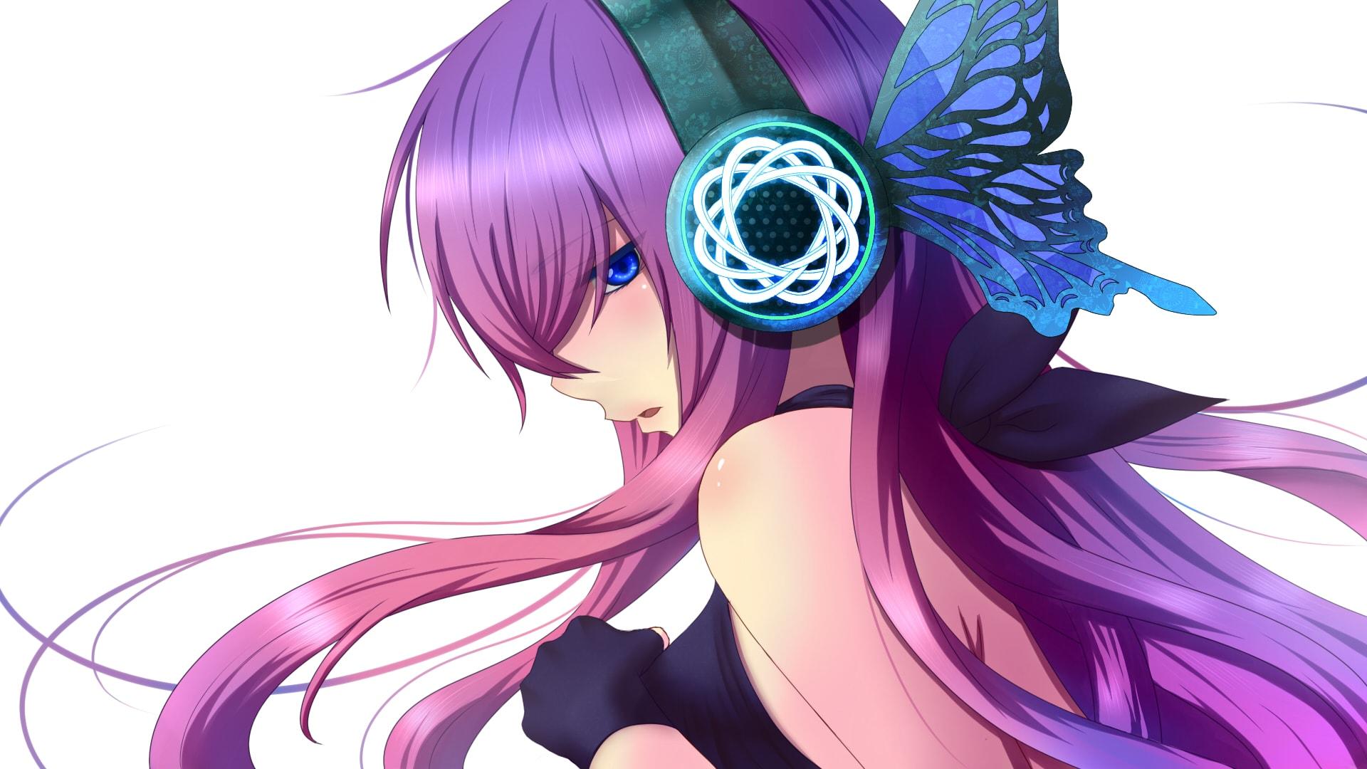 Vocaloid Purple Hair Anime Girl Daburu Gloves Headphones.