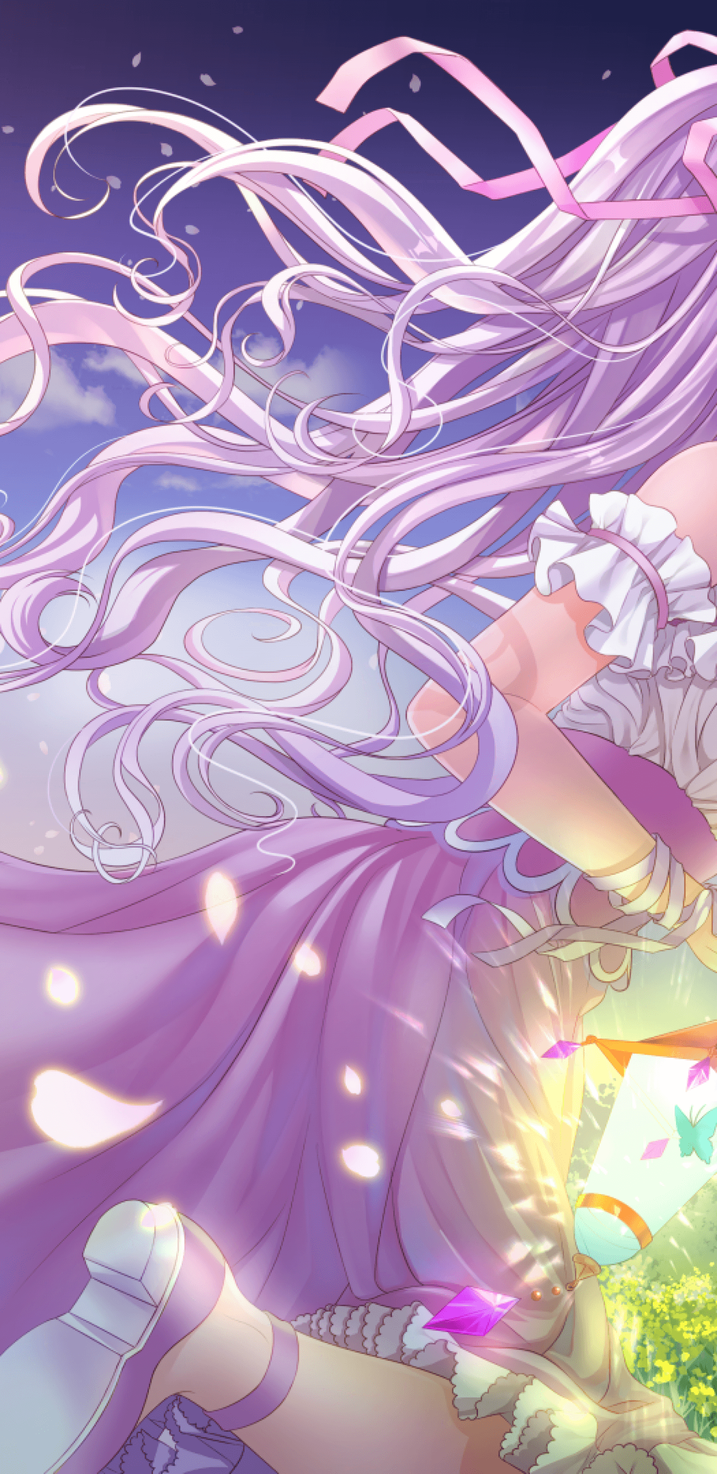 Download 1440x2960 Anime Girl, Purple Hair, Moon, Petals, Blossom