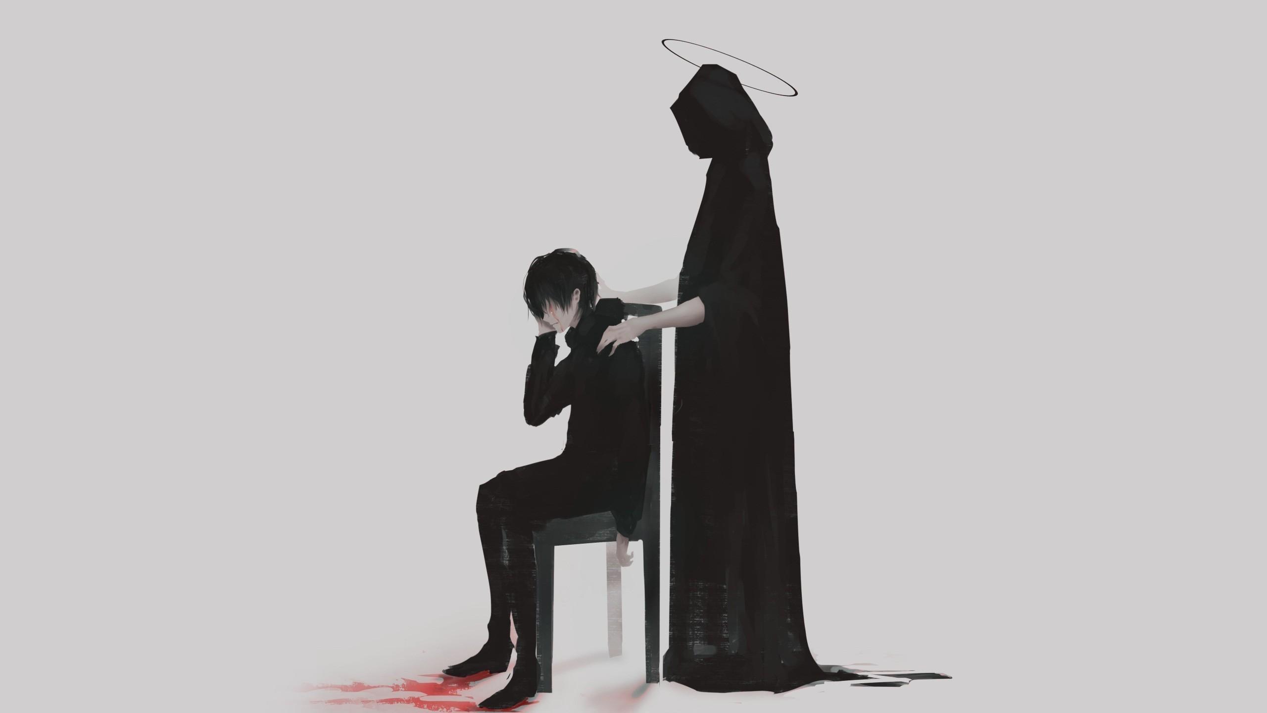 Download 2560x1440 Anime Boy, The Reaper, Sad Wallpaper