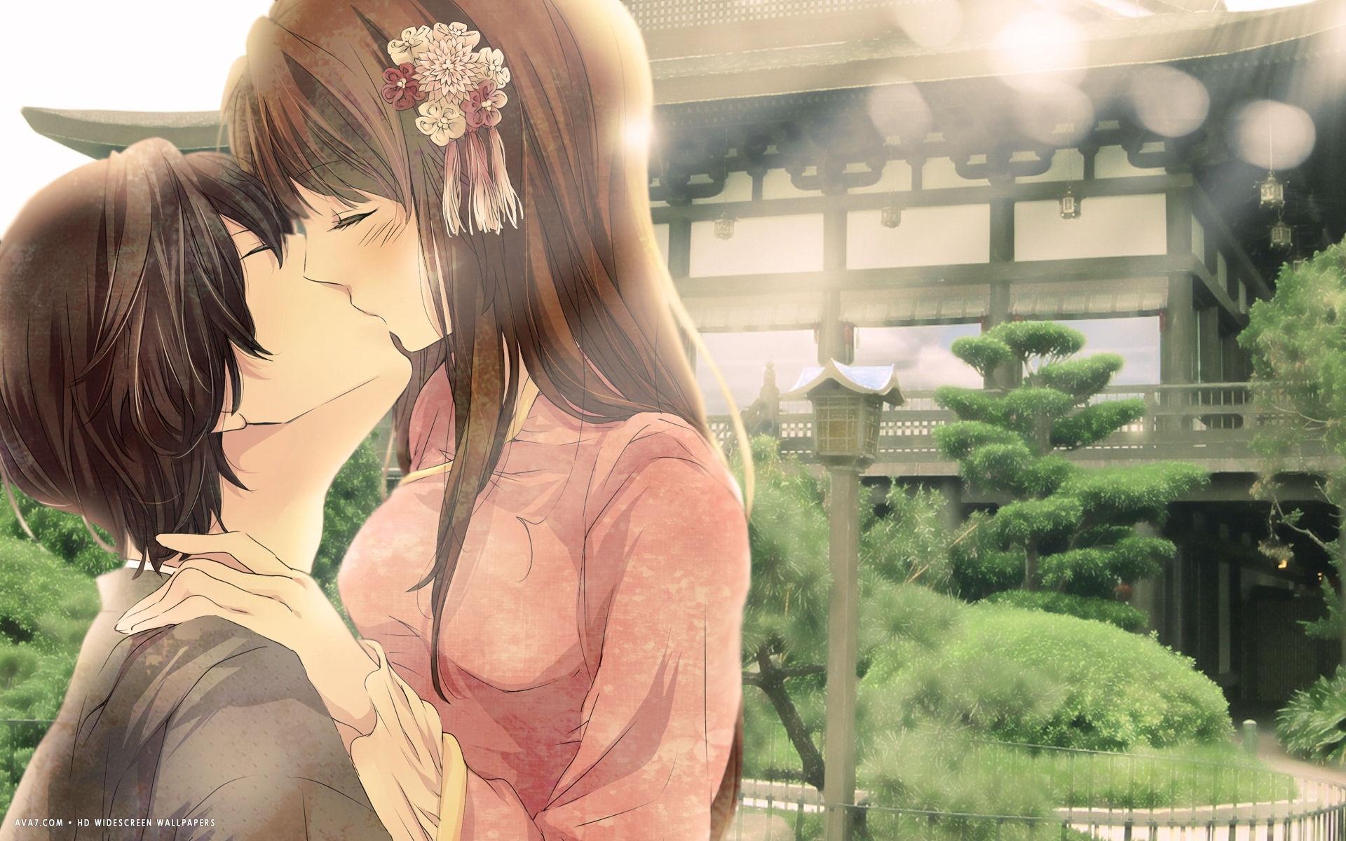 romantic kiss anime love couple kissing girl HD widescreen wallpaper / romantic background