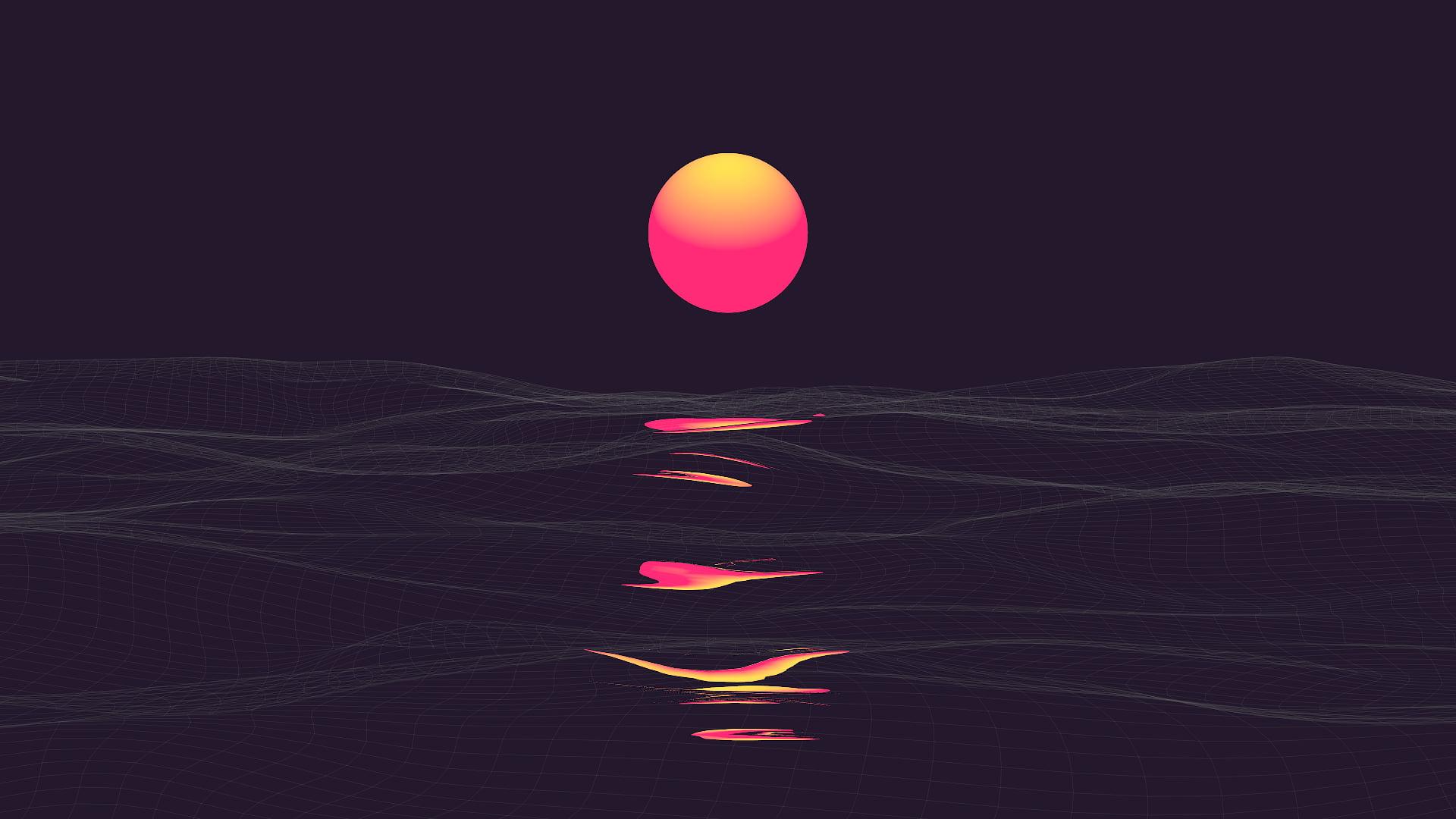 Orange and red sun illustration, landscape, abstract, vaporwave