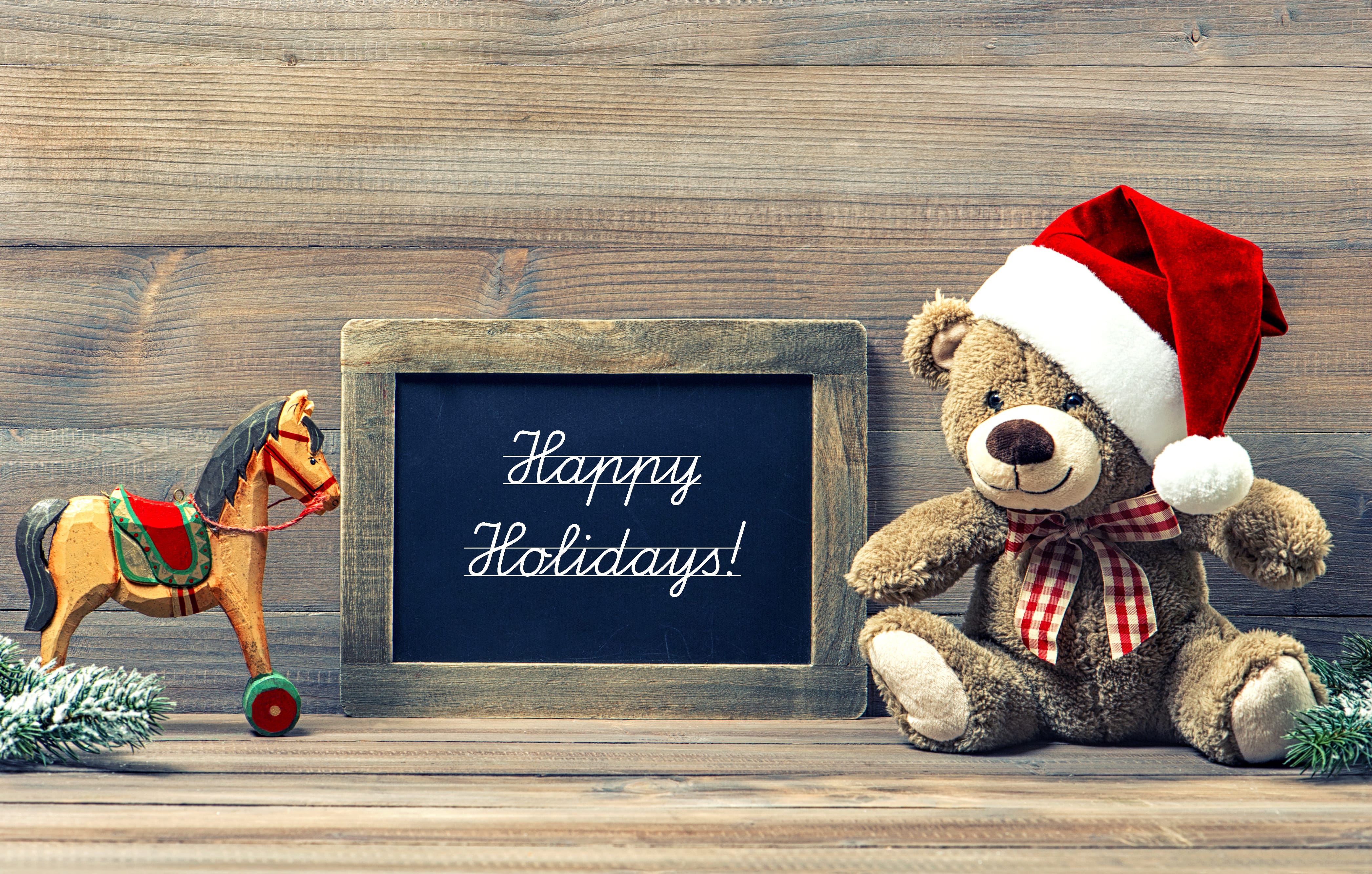 Happy Holidays Teddy Bear Santa Hat 4k Wallpaper