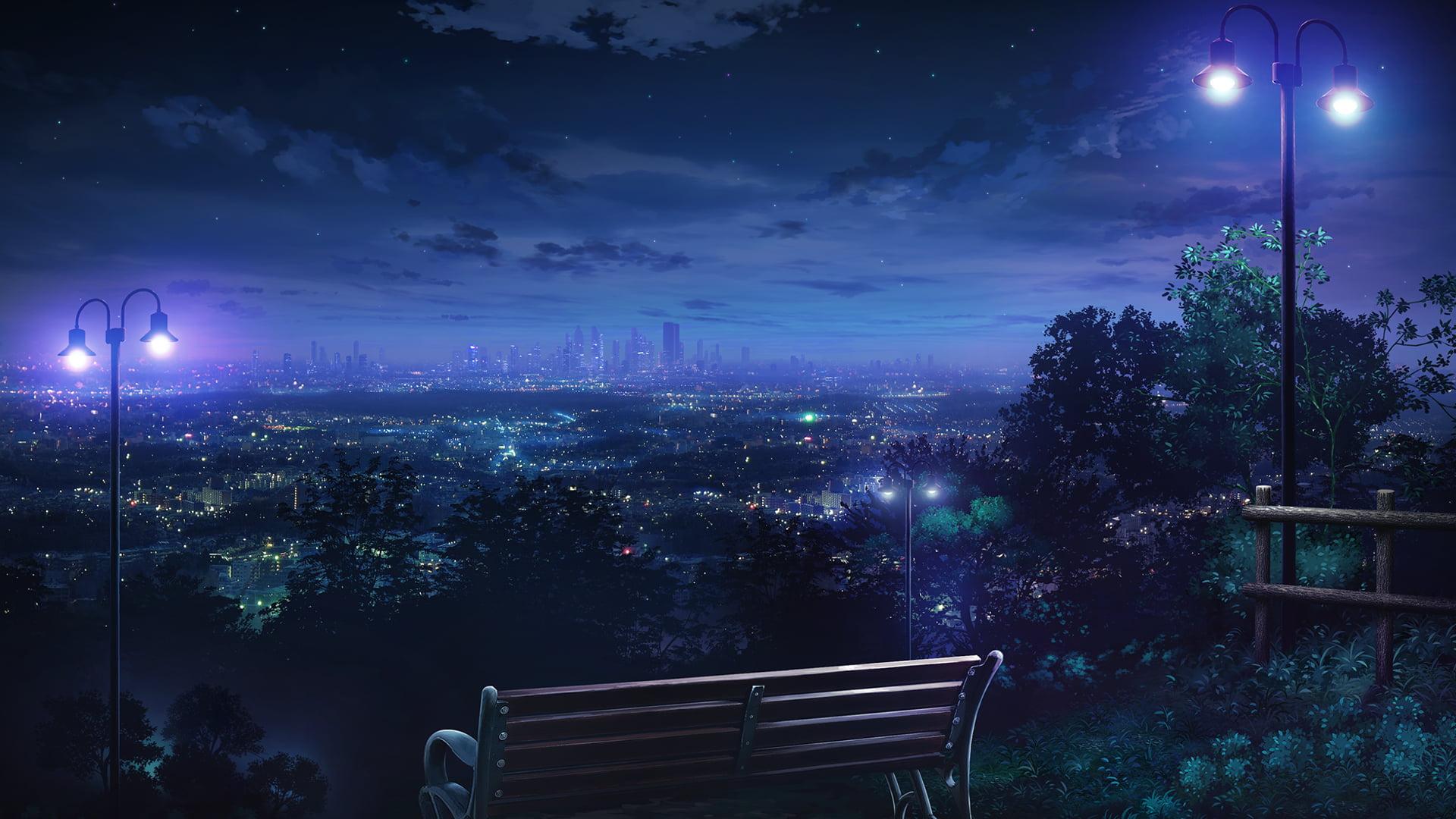 Brown wooden bench, night, city lights, cityscape, anime HD