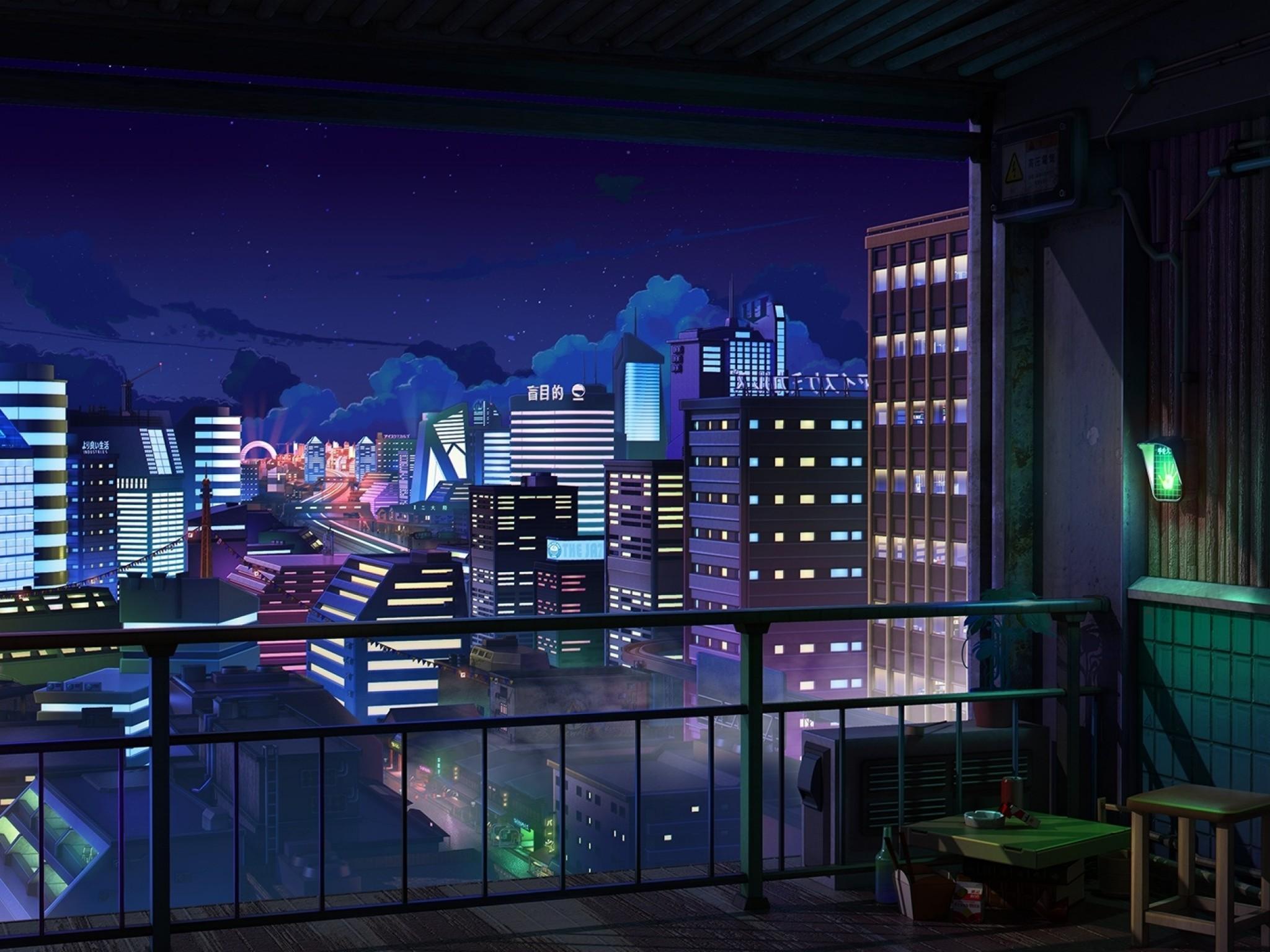 Anime Cityscape, Night, Buildings, Balcony, Stars
