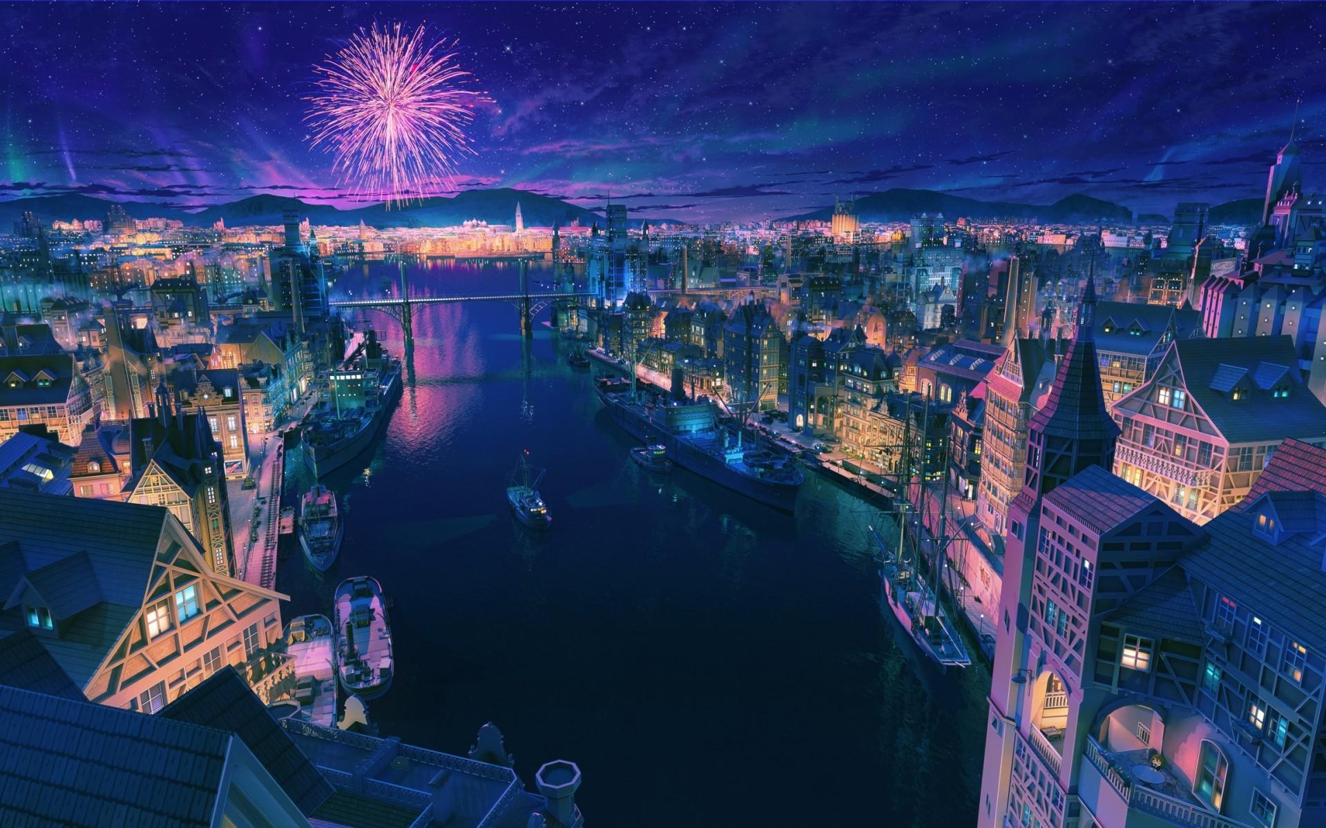 Download 1920x1200 Anime Cityscape, Night, Fireworks, Scenic