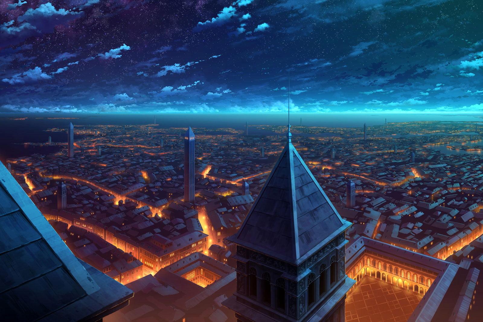 Aerial photography of cityscape, anime, city, night HD