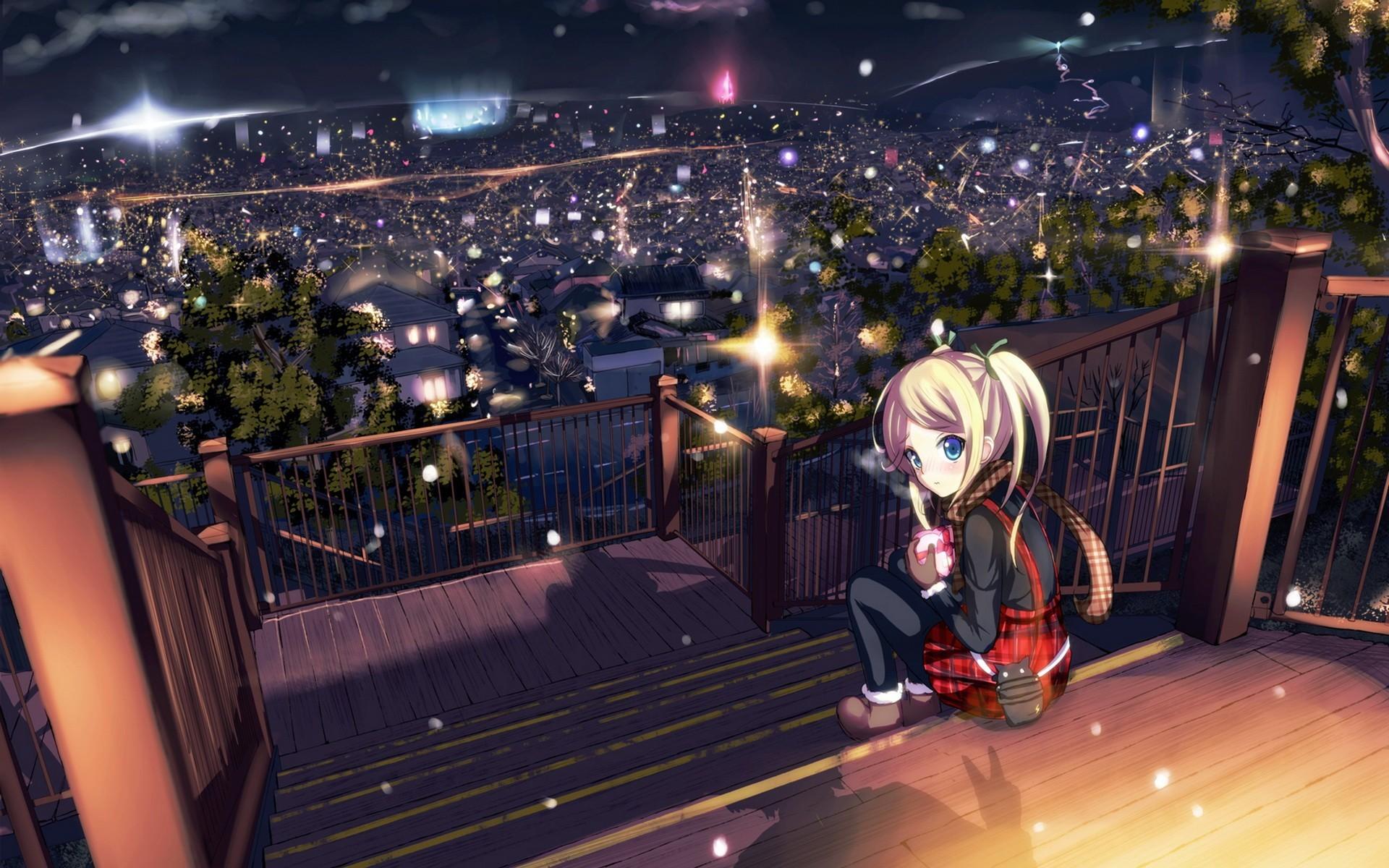 anime, night, cityscape, city, landscape, lights, looking