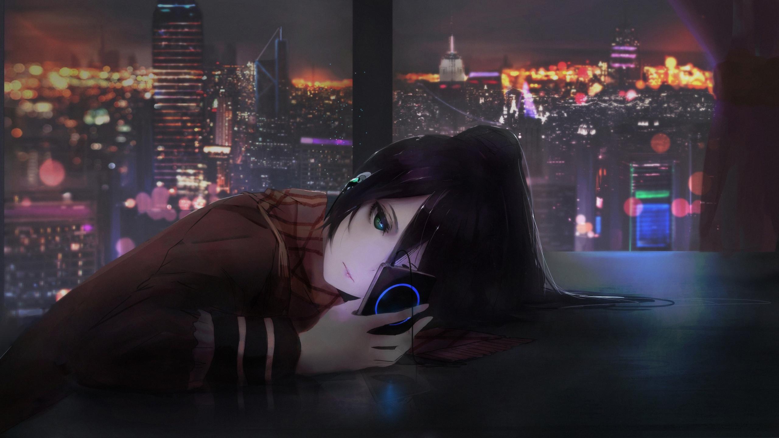 Download 2560x1440 wallpaper anime girl using phone