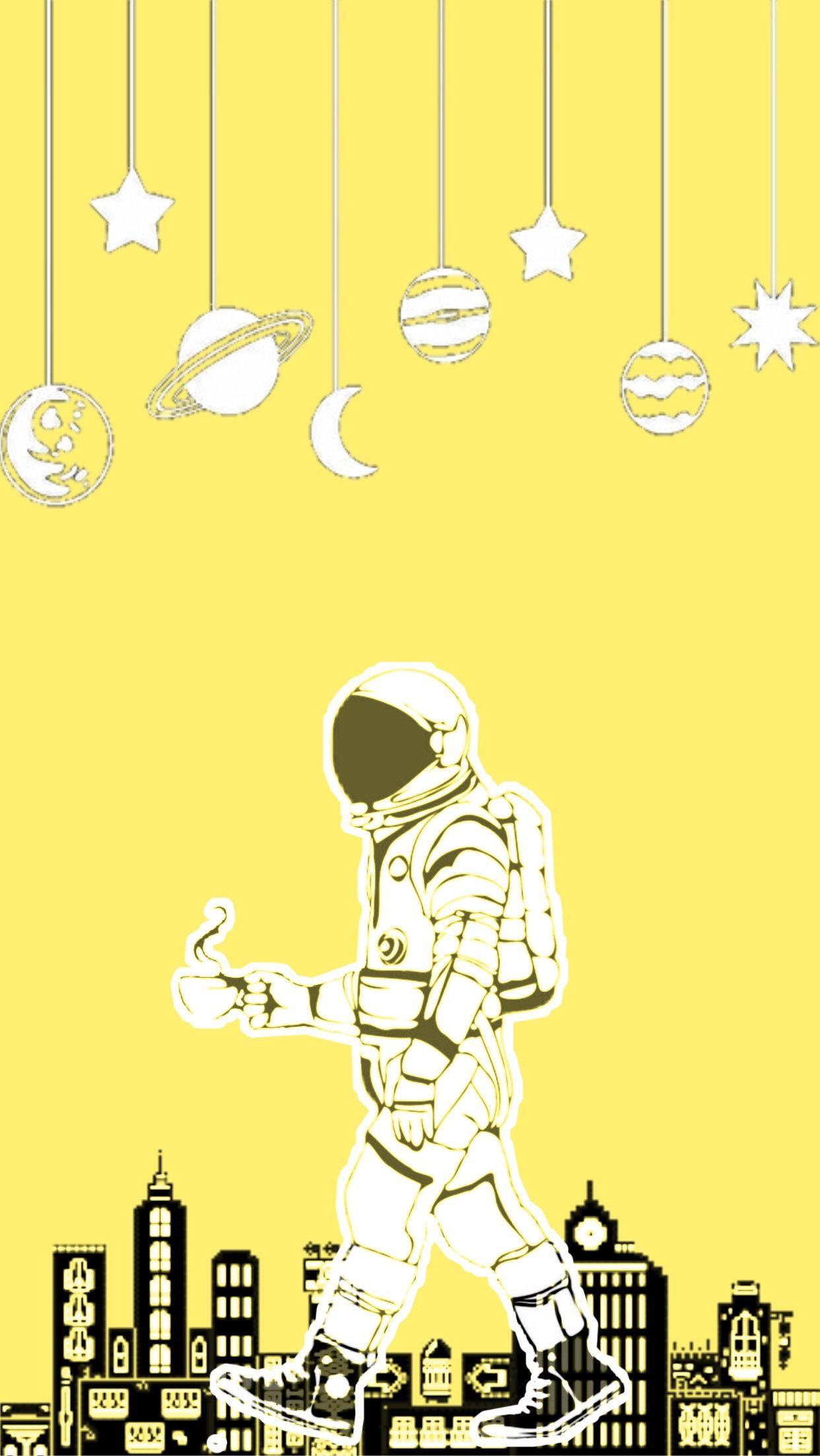 Yellow Lockscreen / Wallpaper / Background Astronaut Space City Aesthetic. Yellow aesthetic pastel, Astronaut wallpaper, Artsy background