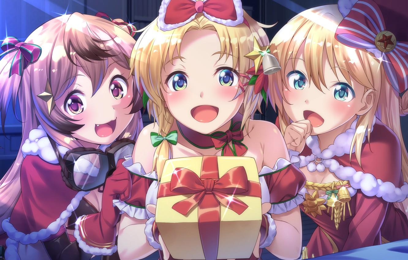 Wallpaper girls, gift, new year, Christmas, anime, art
