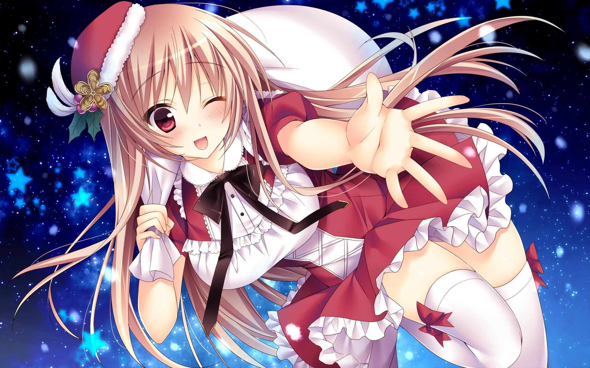 Lautes Alltags, Takanashi Nanase, Christmas, Thigh highs, Winking, Visual Novel, Anime Girls Wallpaper HD / Desktop and Mobile Background