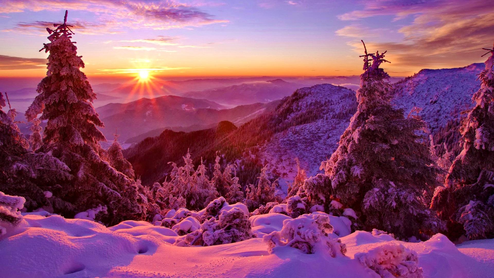Wallpaper Winter, sky, sunset, mountains, forest, trees