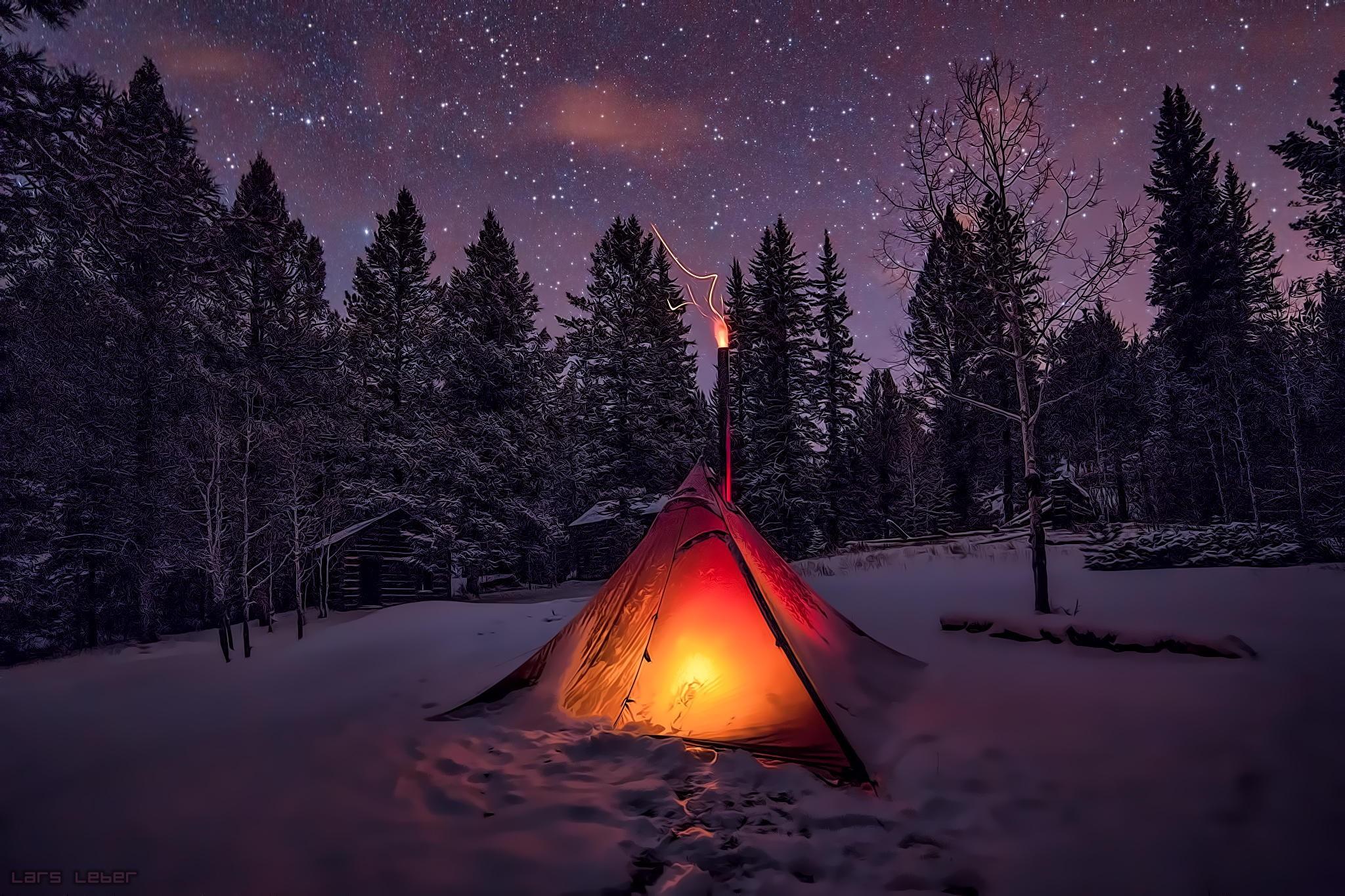 tent, trees, winter, sky, snow, forest, night