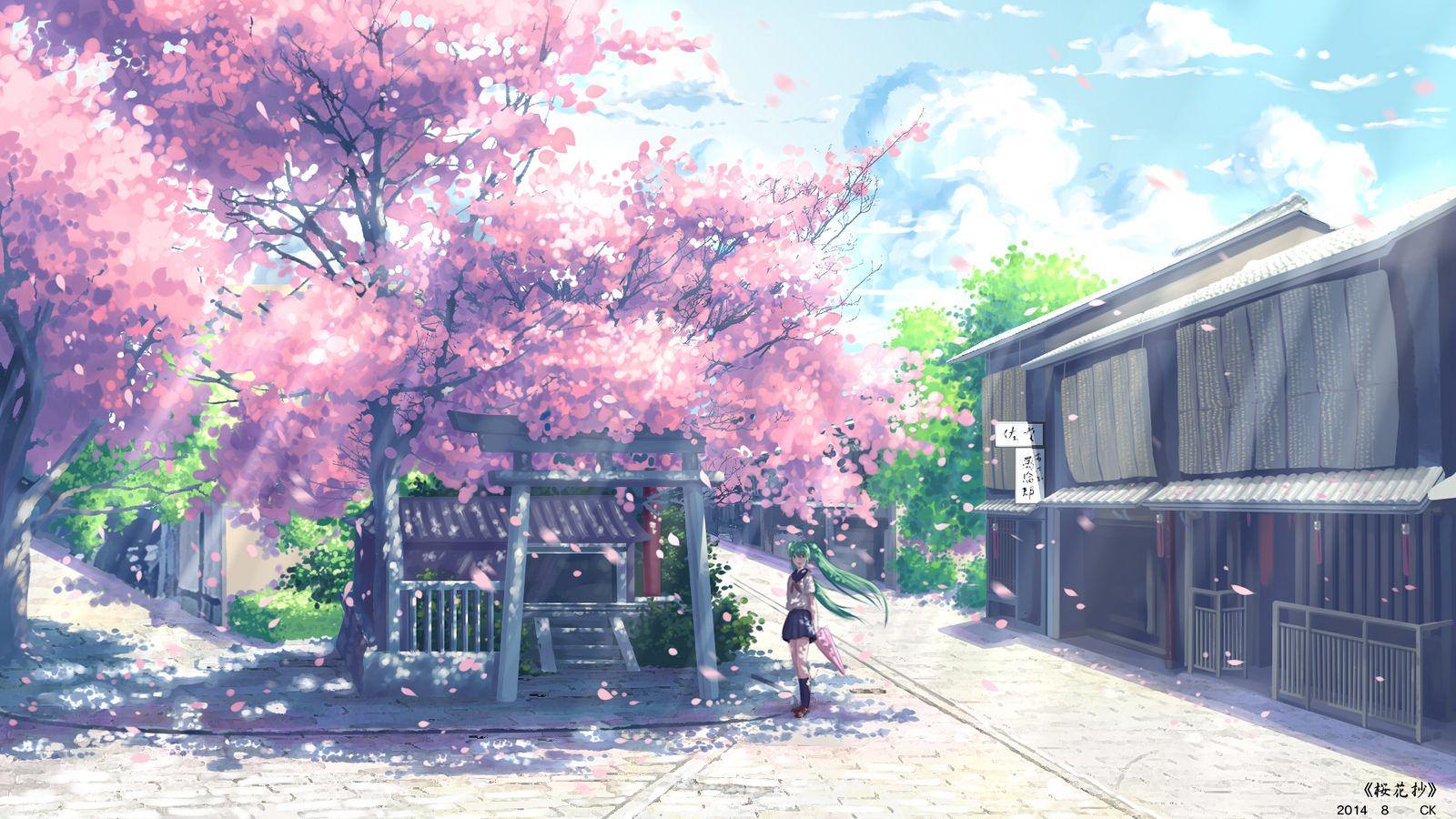 Anime Scenery Cherry Blossoms Background Hd Image