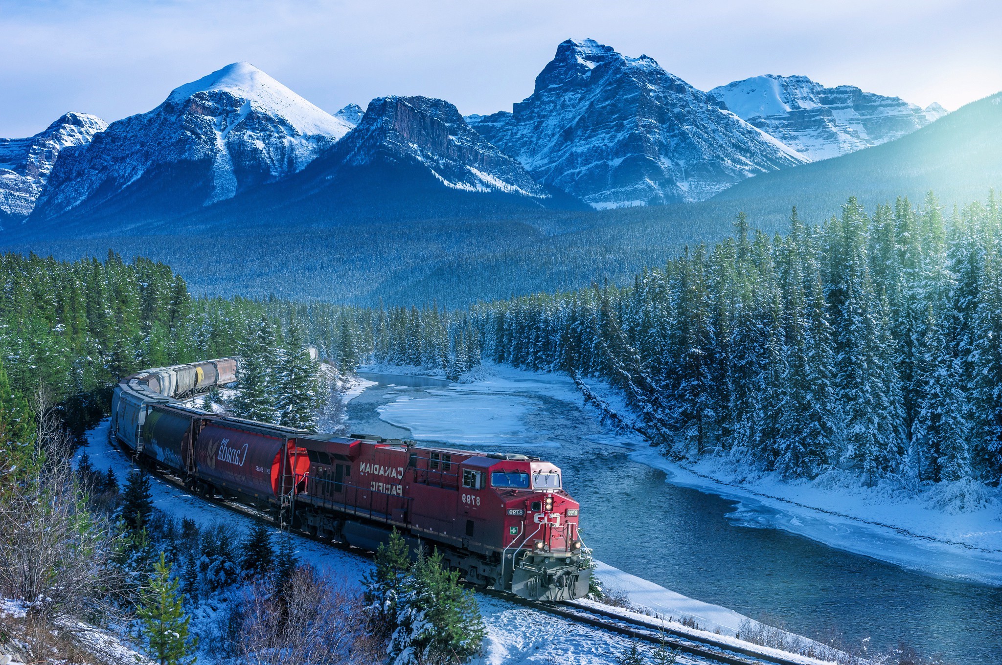 train canada landscape mountain trees snow snowy peak forest