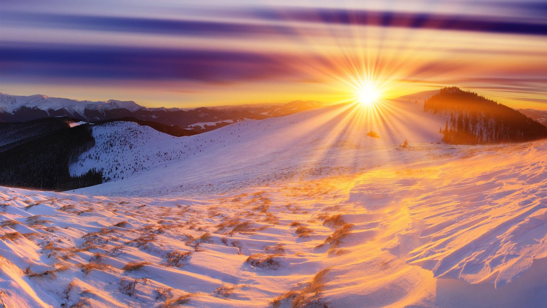 Wallpaper Winter, Sunrise, Mountains, Snow, Sun HD Over