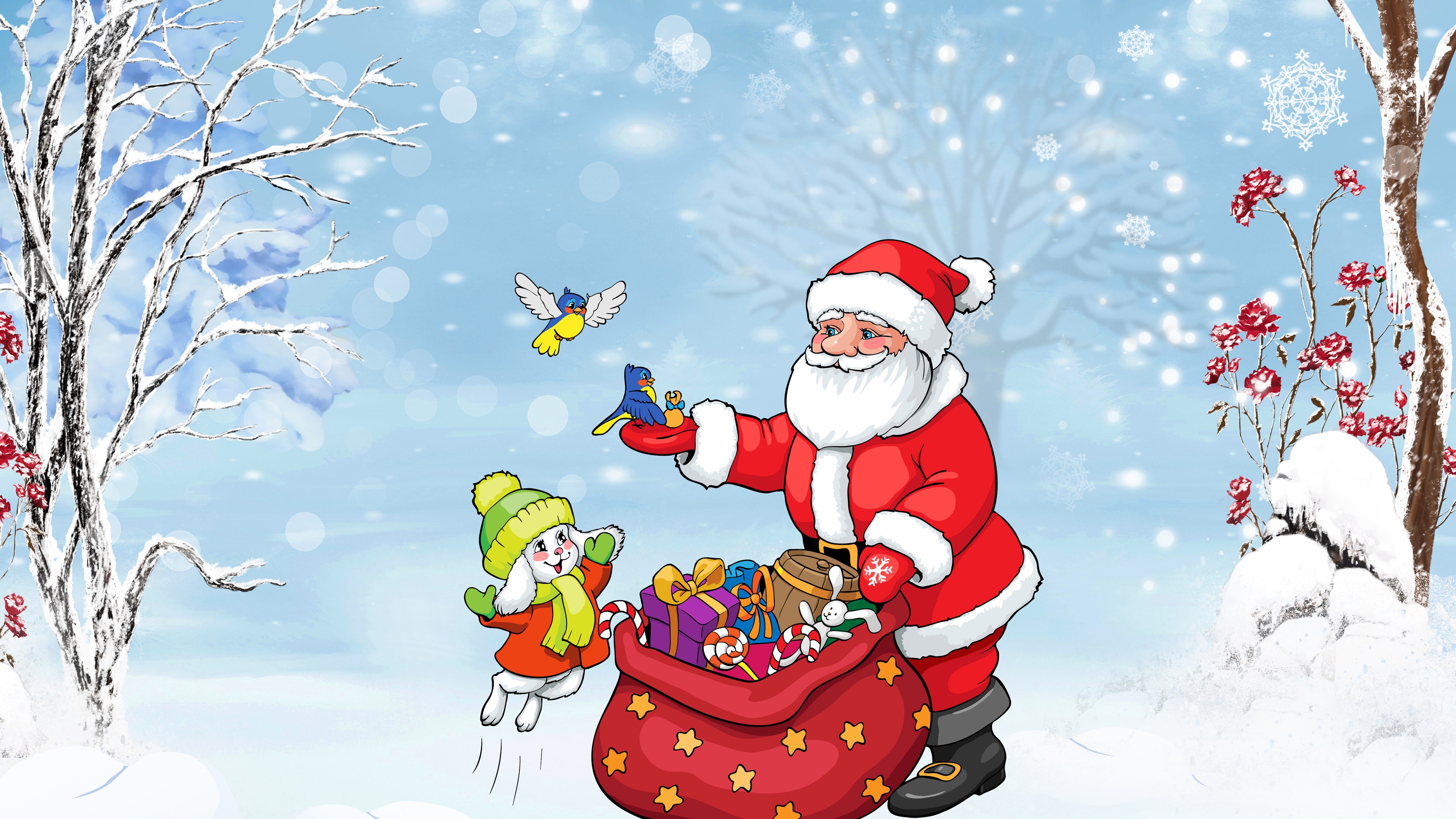 Wallpaper Santa Claus, bunny, birds, bag, gifts, trees, snow