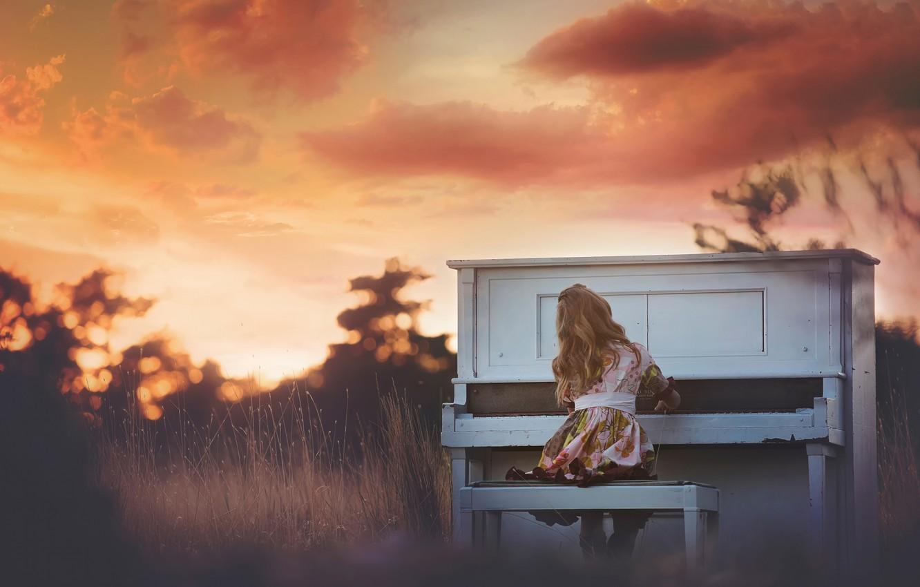 Wallpaper girl, piano, Sunset Piano image for desktop, section музыка