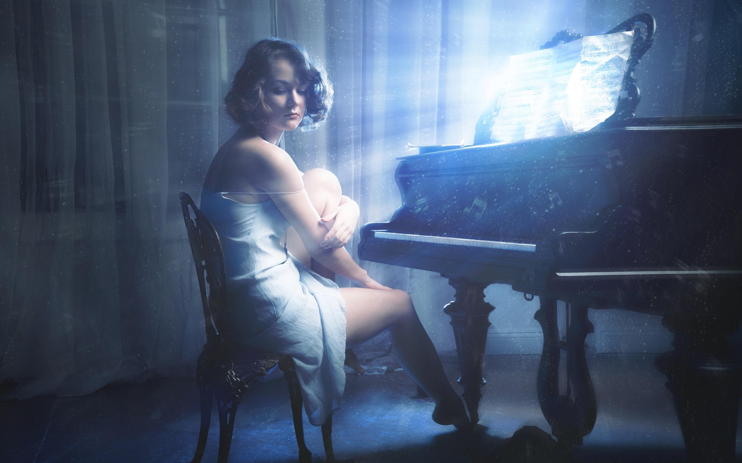 Wallpaper Piano girl, music, notes, glow 2560x1600 HD