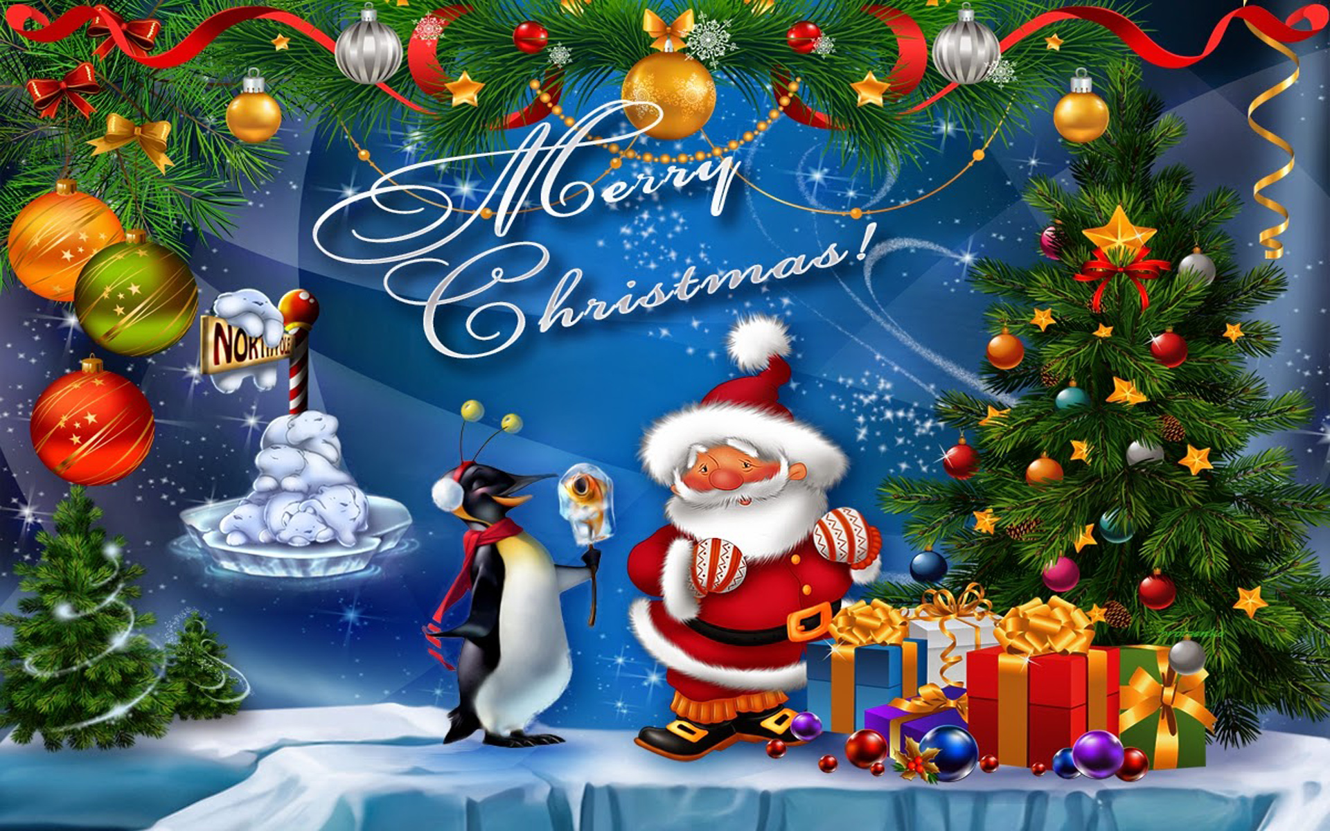 Christmas Postcard Santa Claus Christmas Tree With