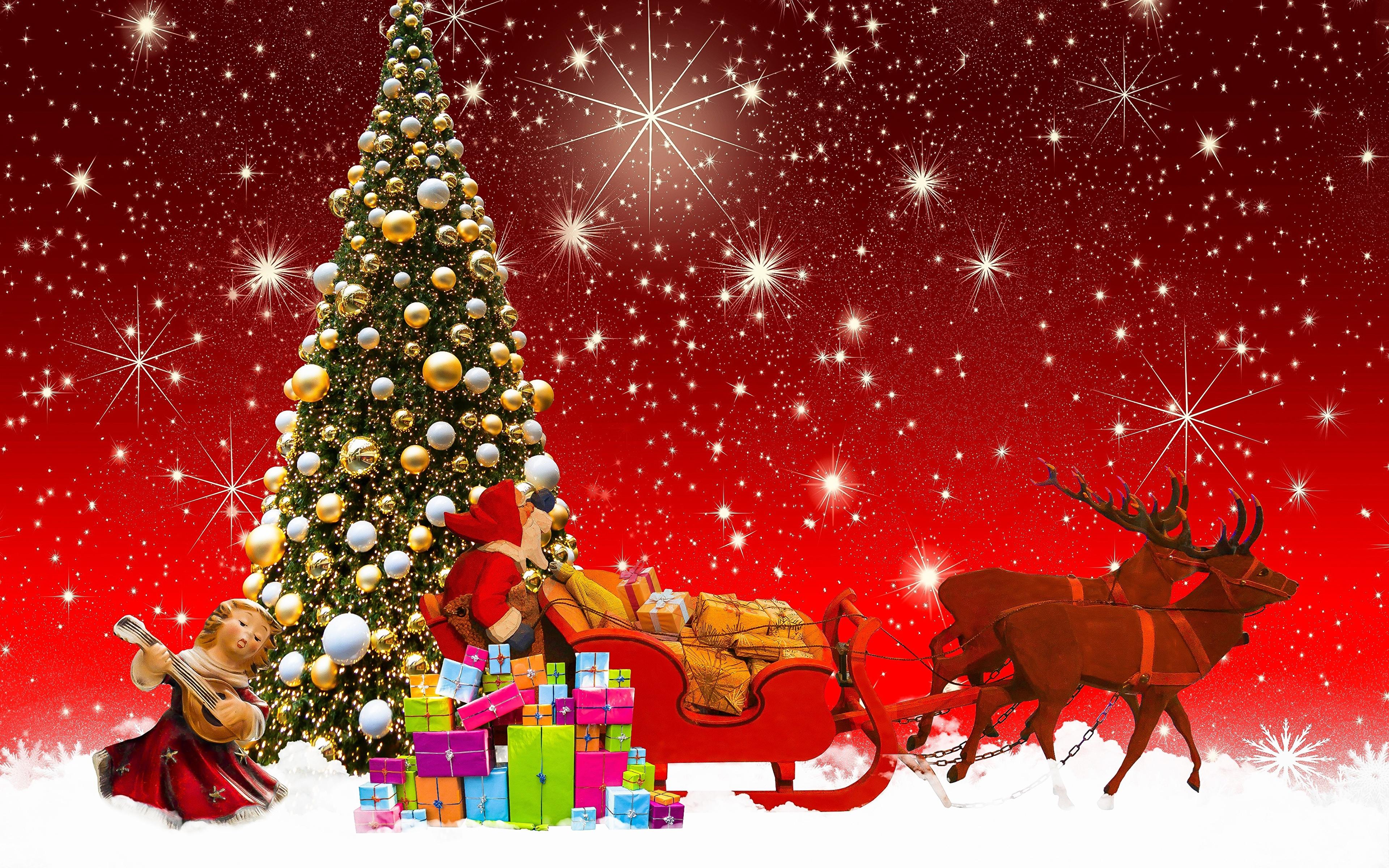 Desktop Wallpaper Deer Christmas Sled Santa Claus 3840x2400