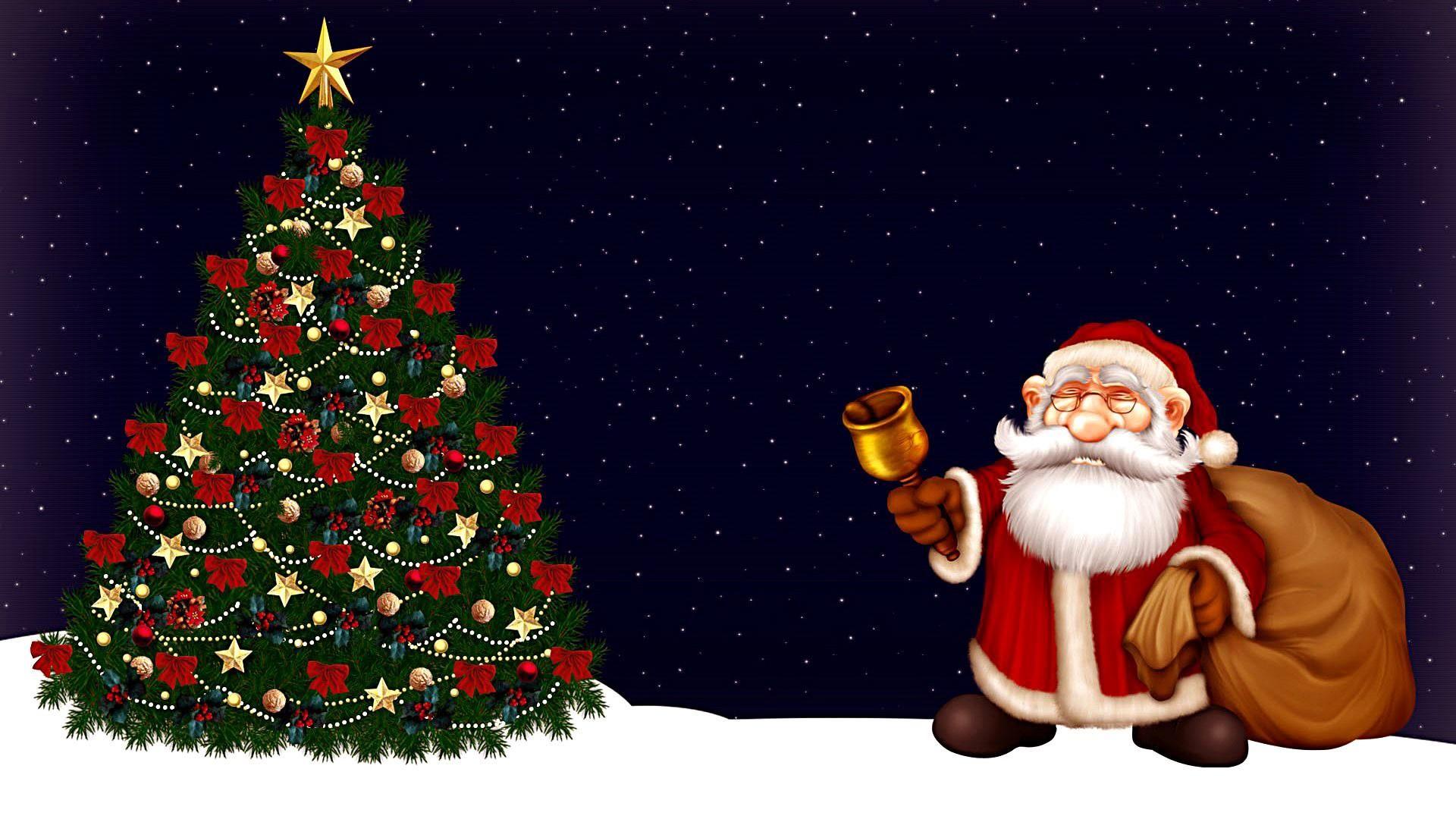 Christmas Tree & Santa Claus With Gifts Wallpaper