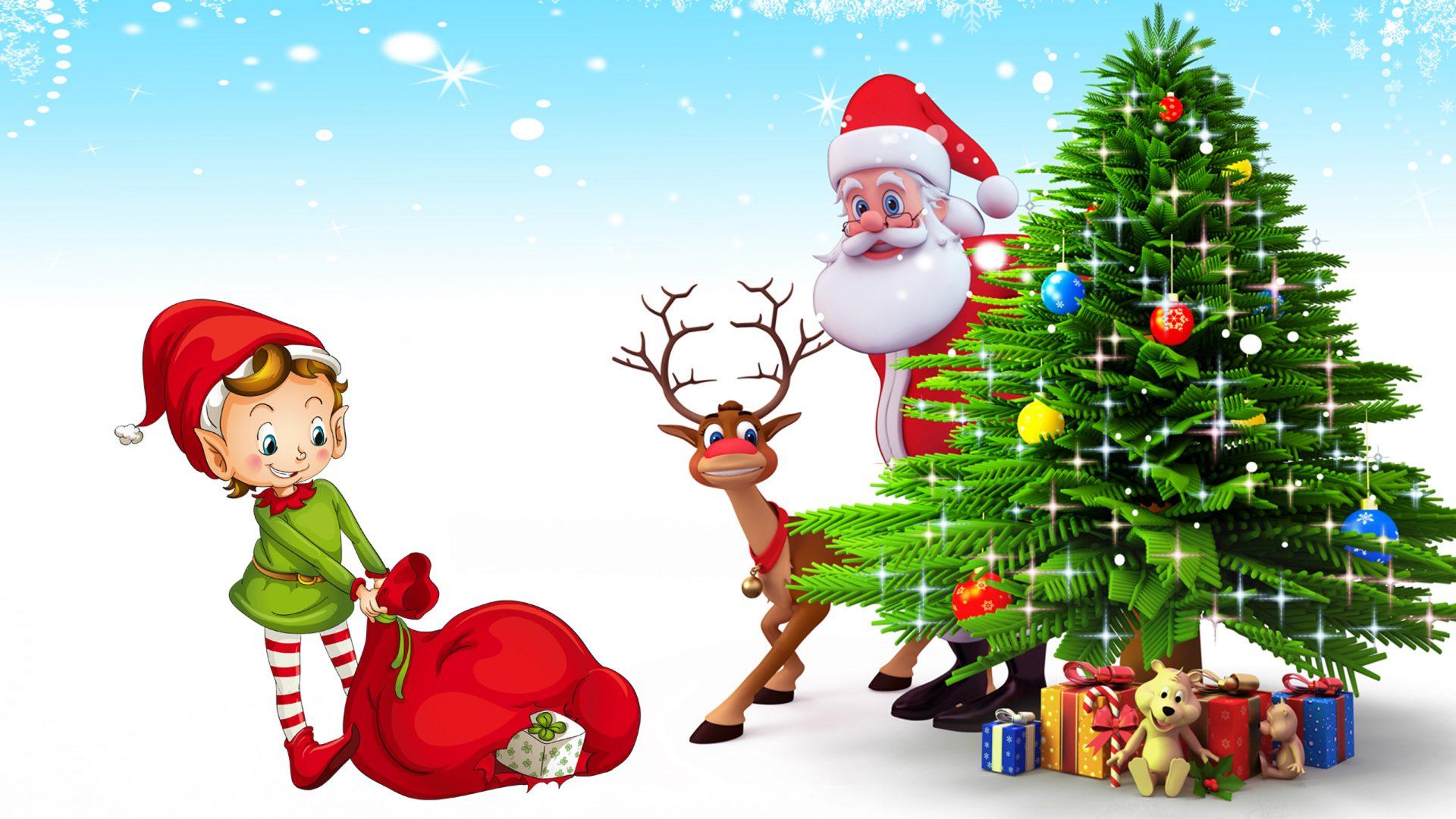 Christmas Postcard Santa Claus Deer Christmas Tree With
