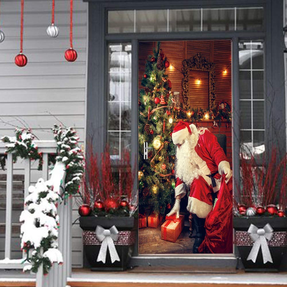 Door Wall Mural Wallpaper Santa Claus with Christmas Tree Gifts 3D Creative Waterproof