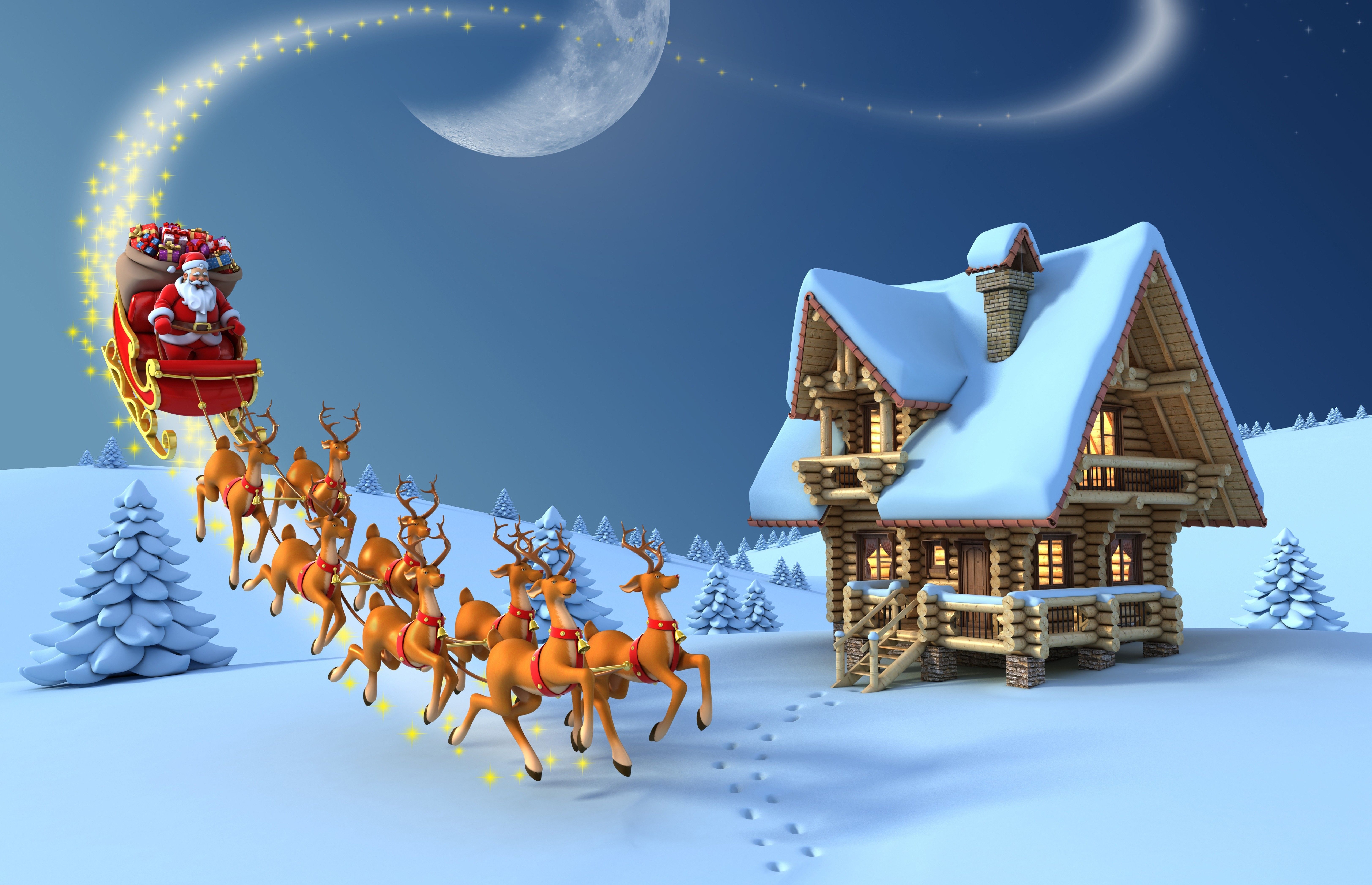 Santa Claus and his reindeers at North Pole. Happy Christmas
