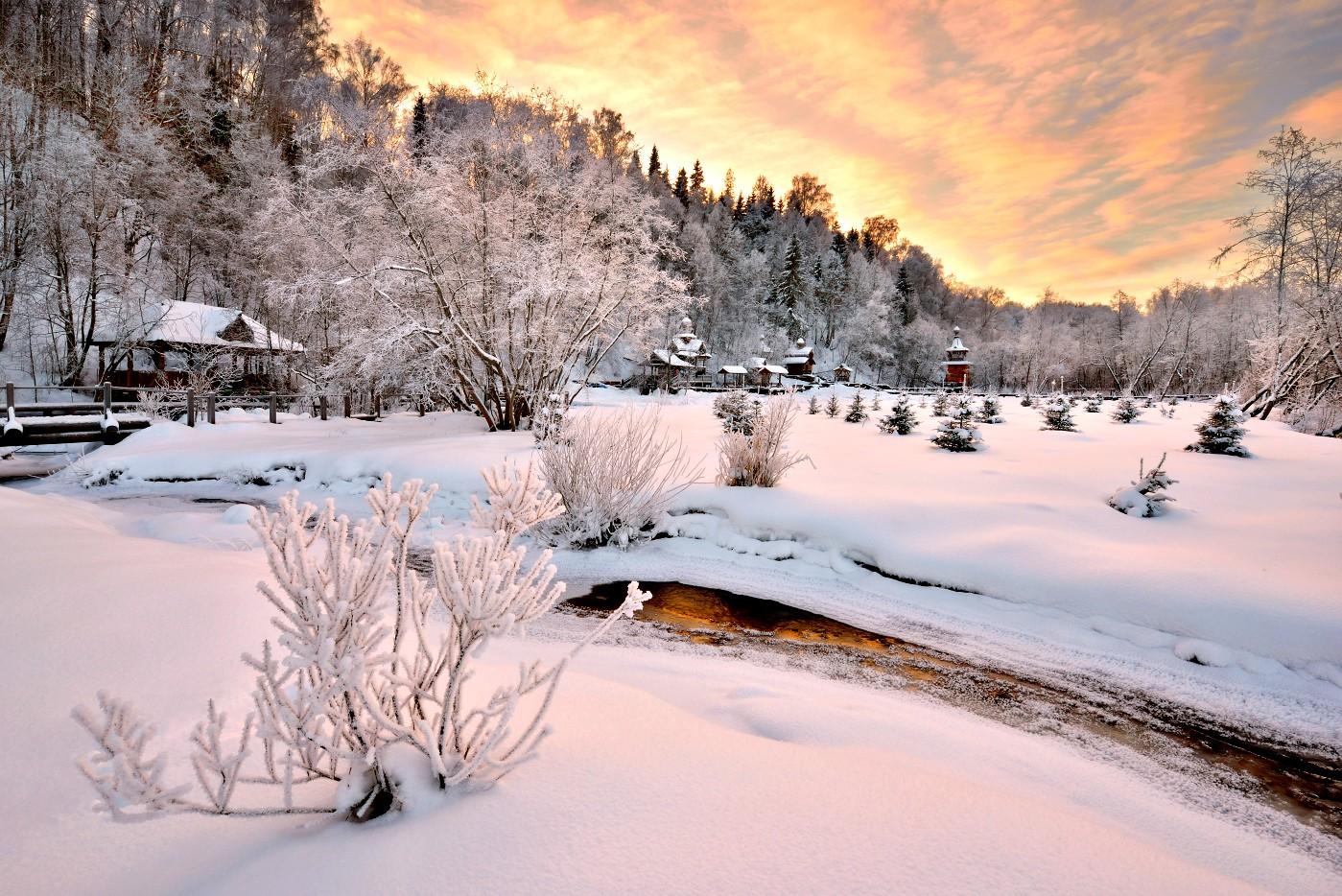 Winter Landscape Trees Time Snow Splendor River Cottage