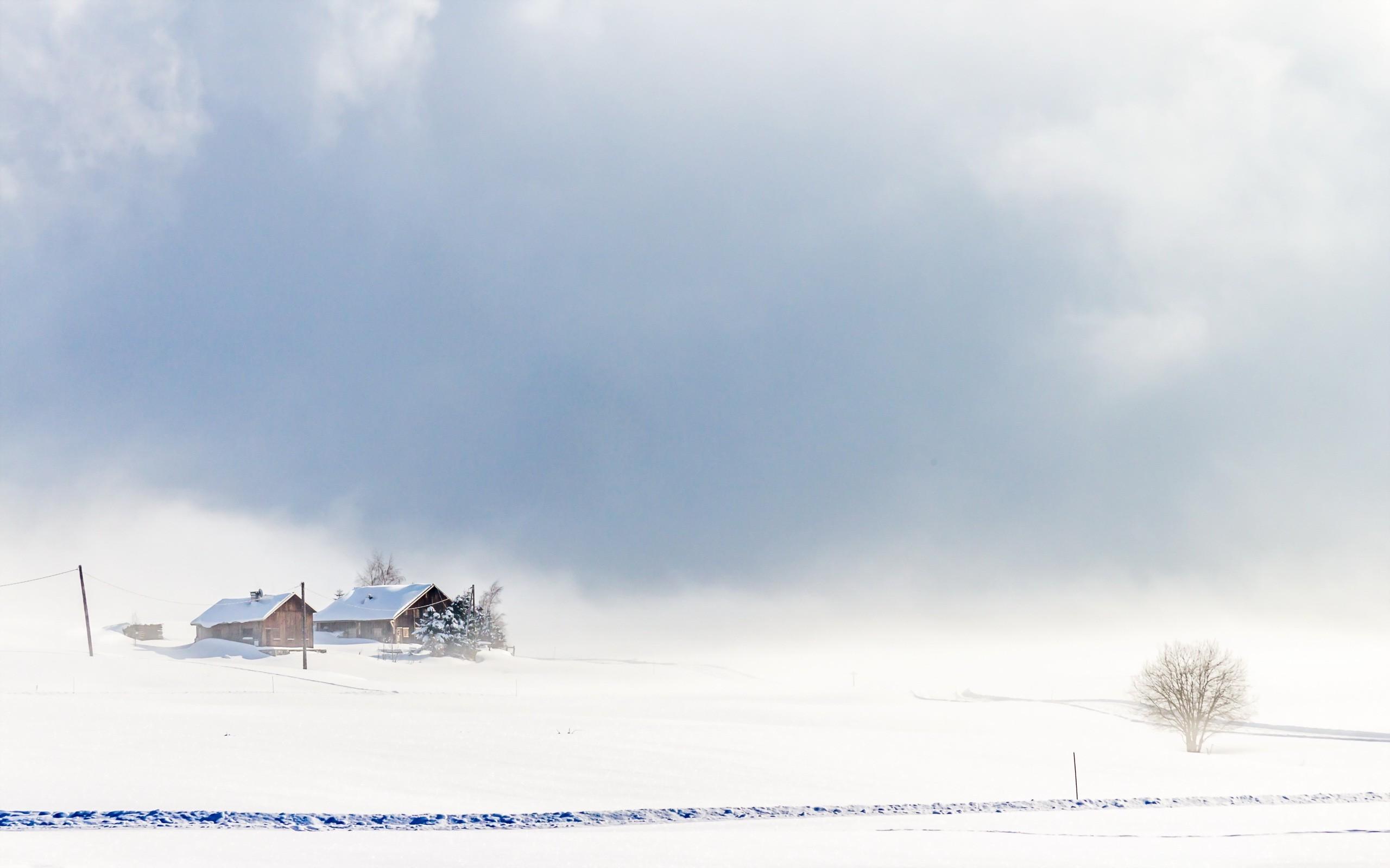 Landscape, Snow, Winter, Nature, Bright, Clouds, Cabin